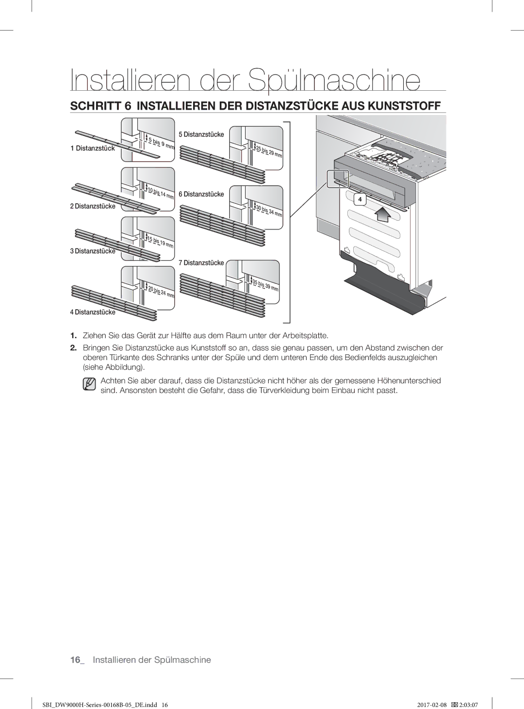 Samsung DW60J9950SS/EF, DW60J9970BB/EG manual Schritt 6 Installieren DER Distanzstücke AUS Kunststoff 