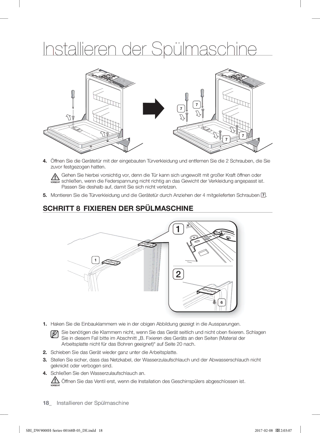 Samsung DW60J9950SS/EF, DW60J9970BB/EG manual Schritt 8 Fixieren DER Spülmaschine 