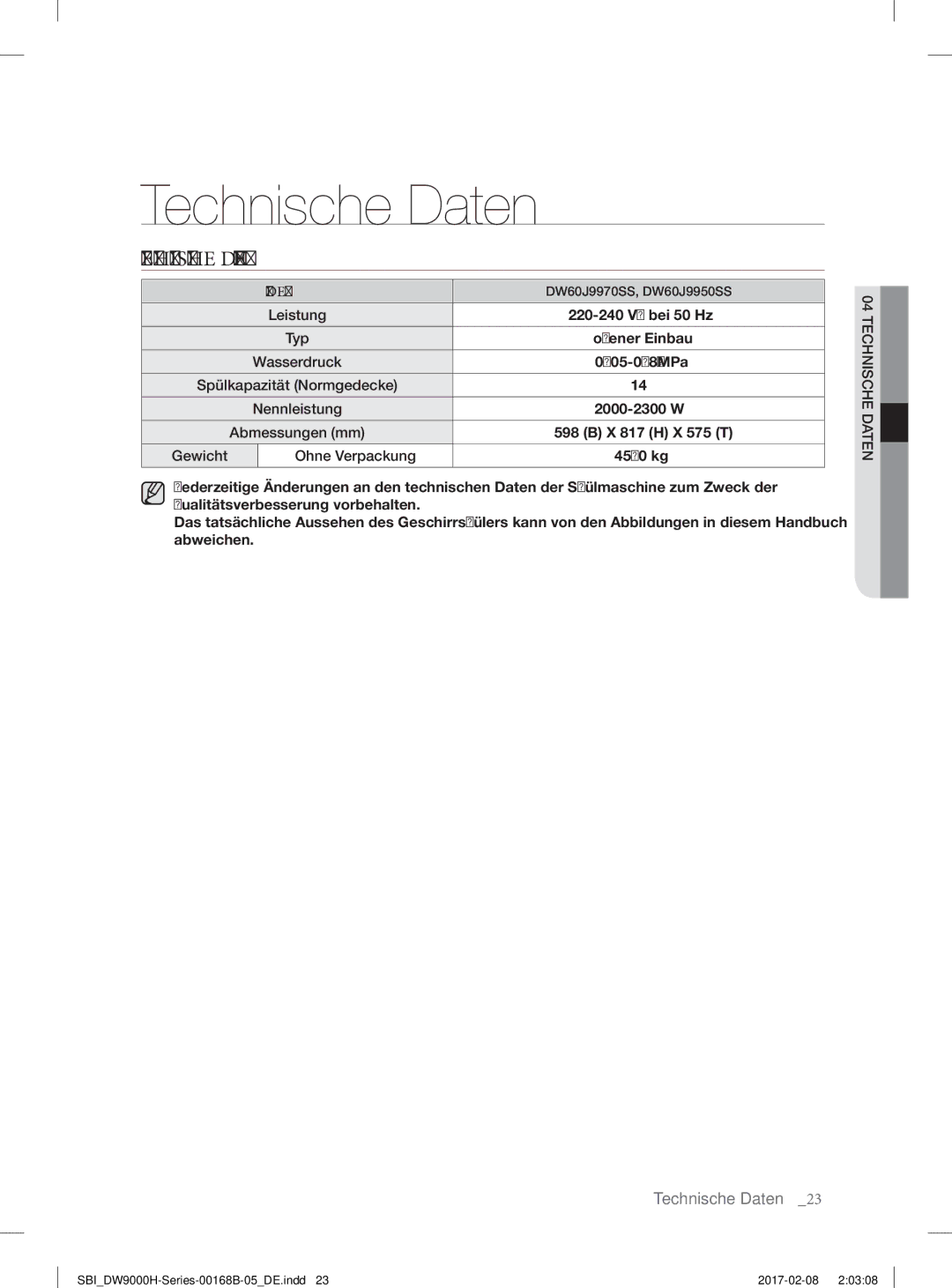 Samsung DW60J9970BB/EG, DW60J9950SS/EF manual Technische Daten 