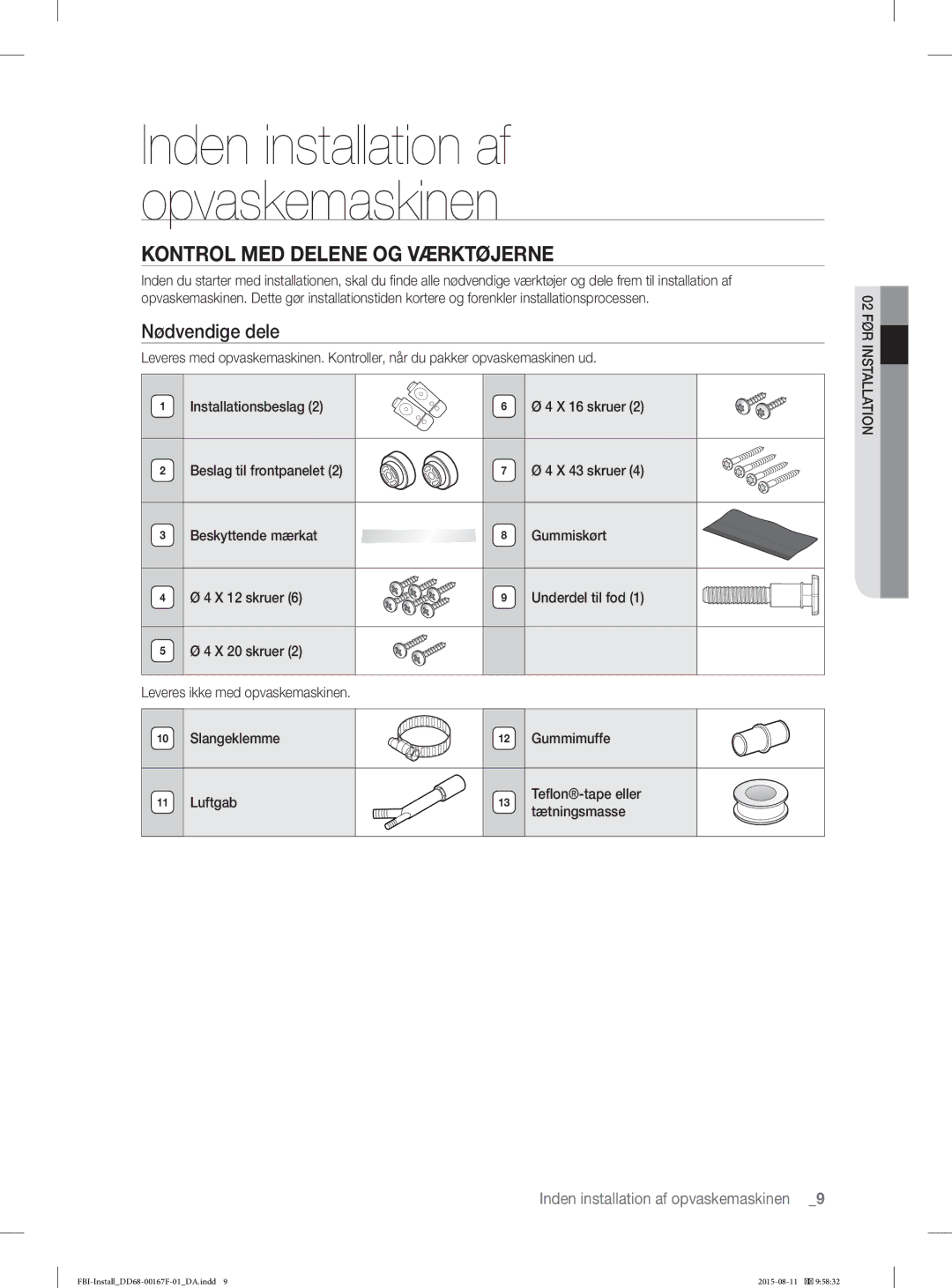 Samsung DW60J9970BB/EE manual Kontrol MED Delene OG Værktøjerne, Nødvendige dele 