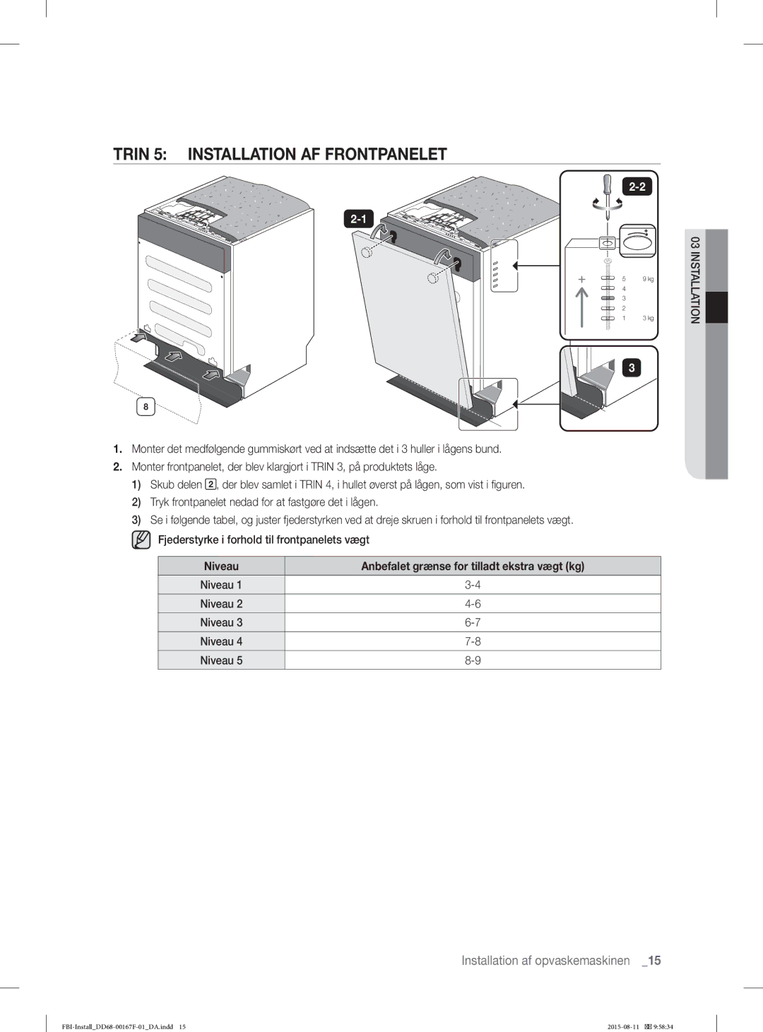 Samsung DW60J9970BB/EE manual Trin 5 Installation AF Frontpanelet 