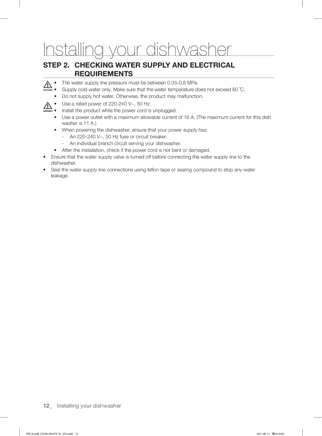 Samsung DW60J9970BB/EE manual Checking Water Supply and Electrical Requirements 