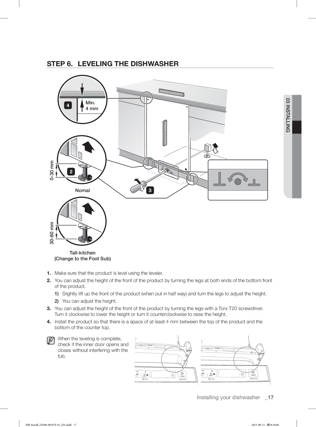 Samsung DW60J9970BB/EE manual Leveling the Dishwasher 