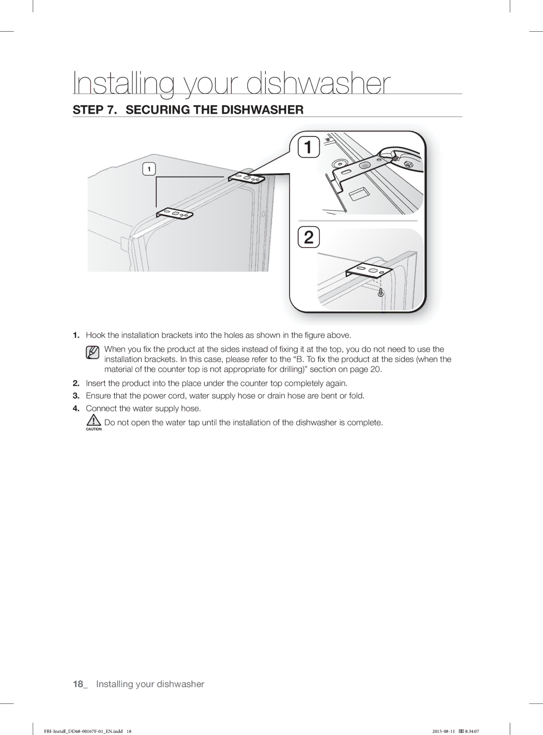 Samsung DW60J9970BB/EE manual Securing the Dishwasher 