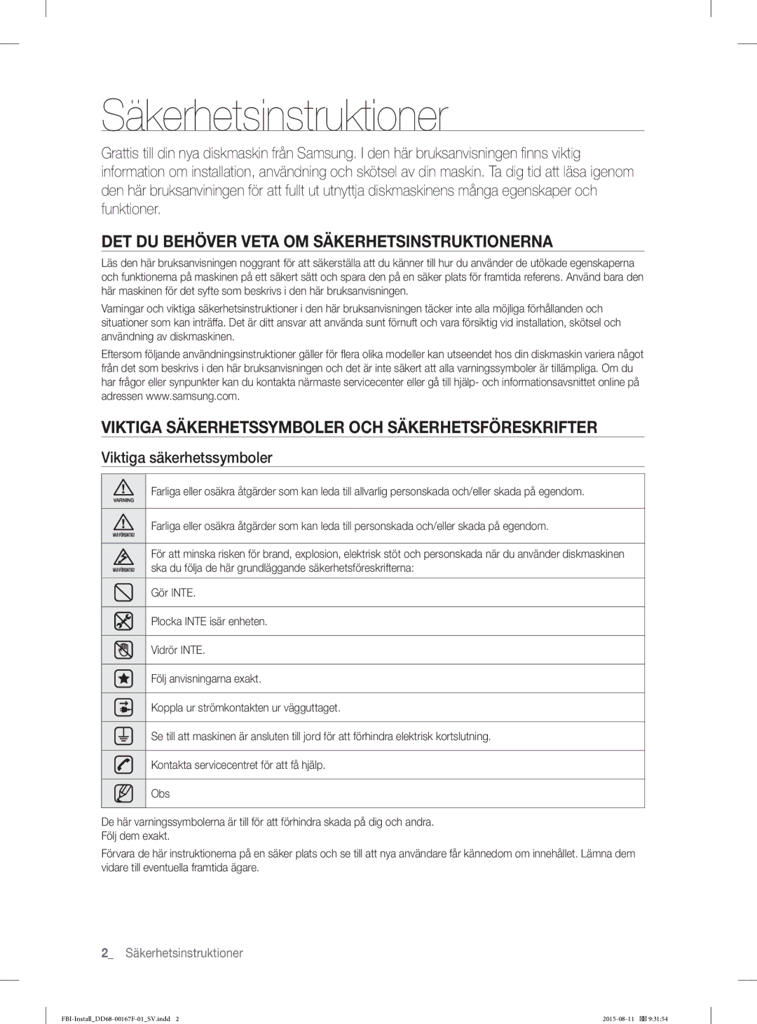 Samsung DW60J9970BB/EE manual DET DU Behöver Veta OM Säkerhetsinstruktionerna, Viktiga säkerhetssymboler 