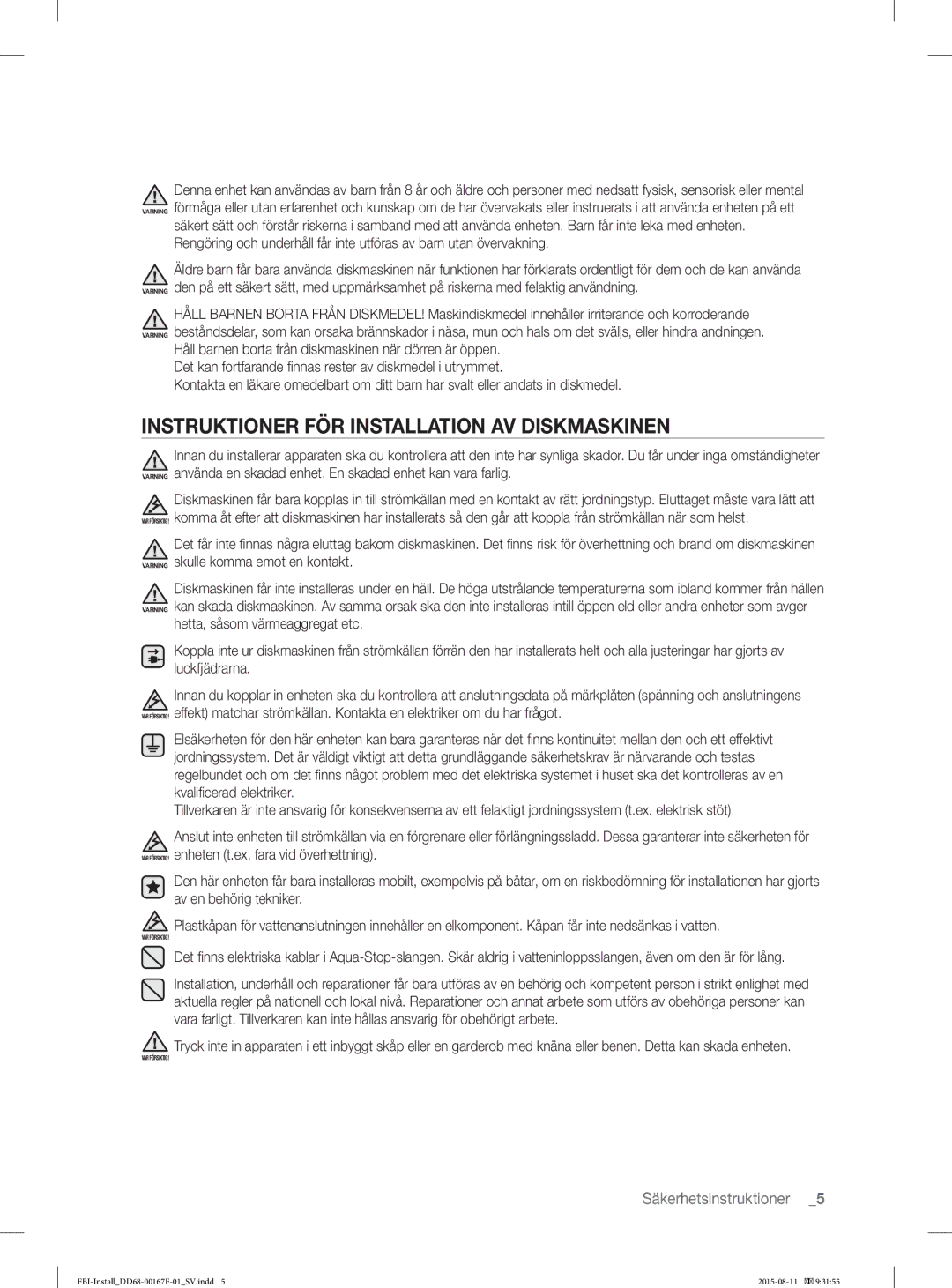 Samsung DW60J9970BB/EE manual Instruktioner FÖR Installation AV Diskmaskinen 