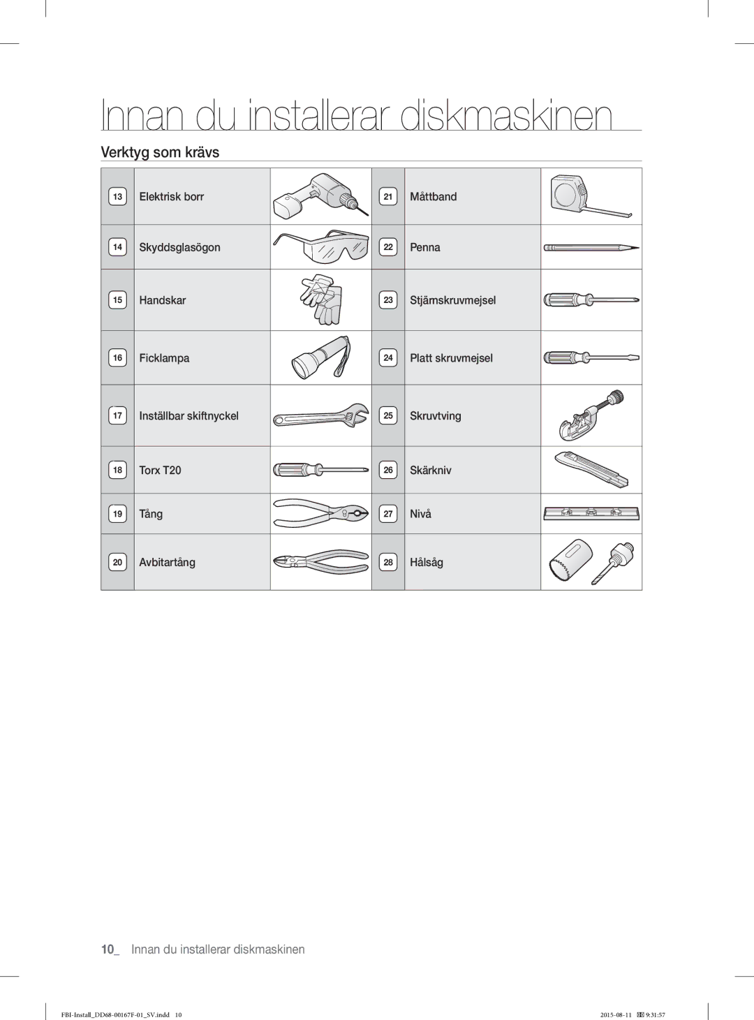 Samsung DW60J9970BB/EE manual Innan du installerar diskmaskinen, Verktyg som krävs 