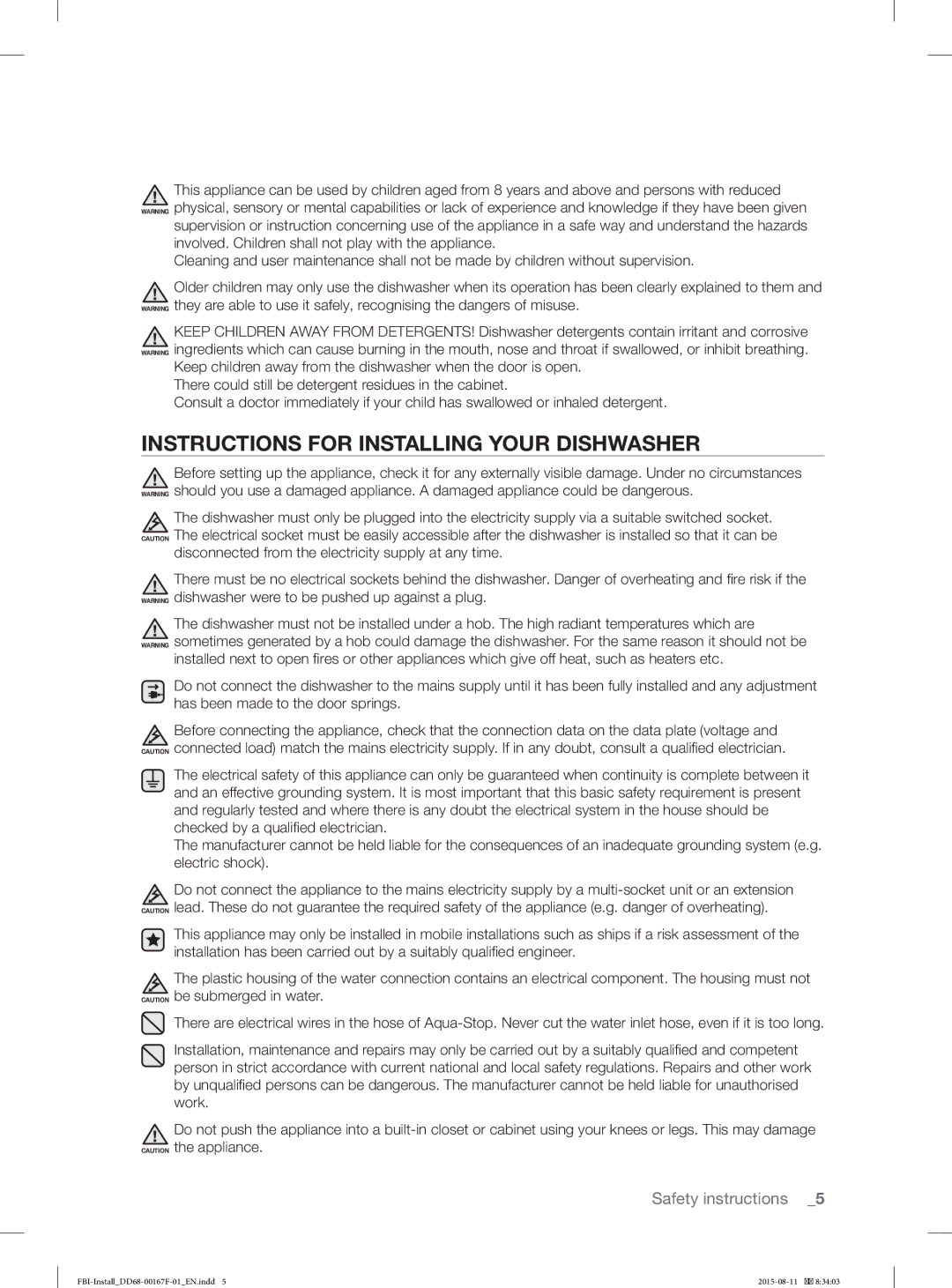 Samsung DW60J9970BB/EE manual Instructions for Installing Your Dishwasher 