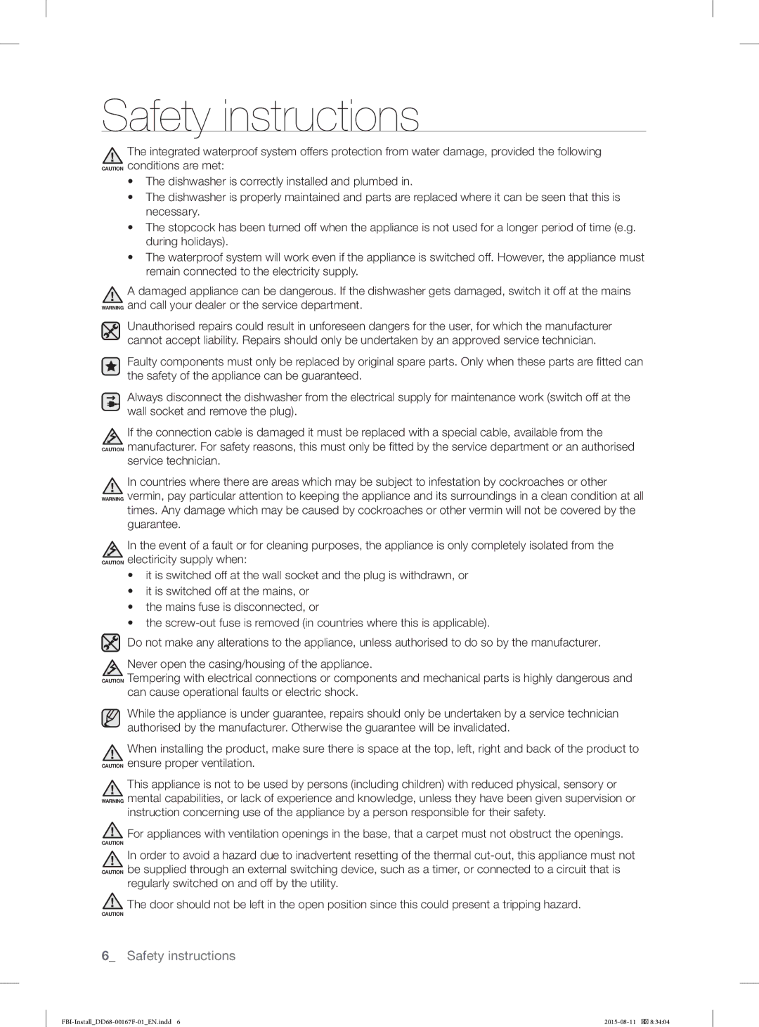 Samsung DW60J9970BB/EE manual Safety instructions 