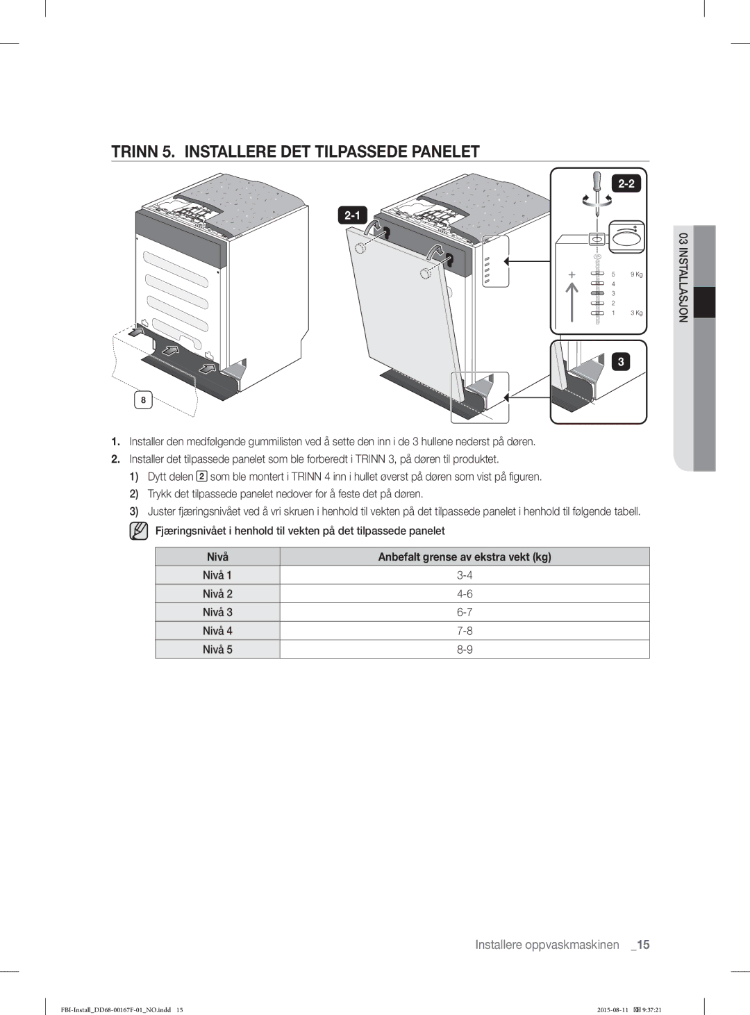 Samsung DW60J9970BB/EE manual Trinn 5. Installere DET Tilpassede Panelet 