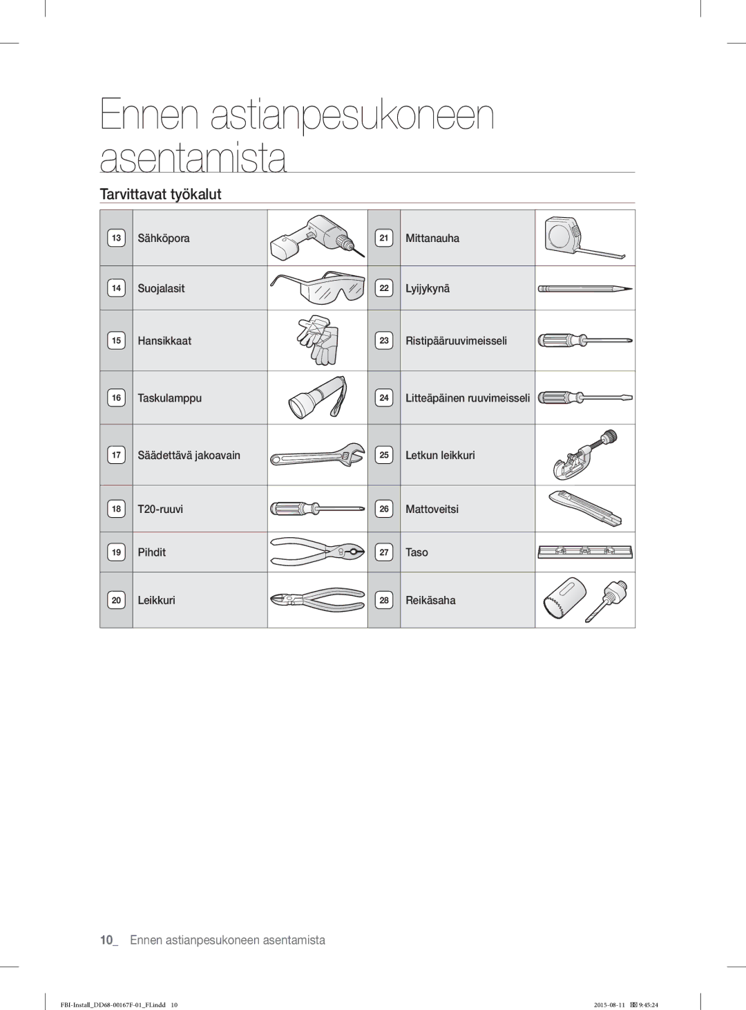 Samsung DW60J9970BB/EE manual Tarvittavat työkalut 