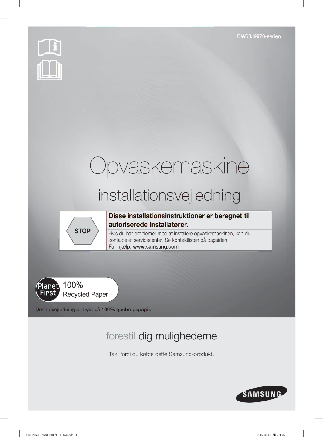 Samsung DW60J9970BB/EE manual Opvaskemaskine 