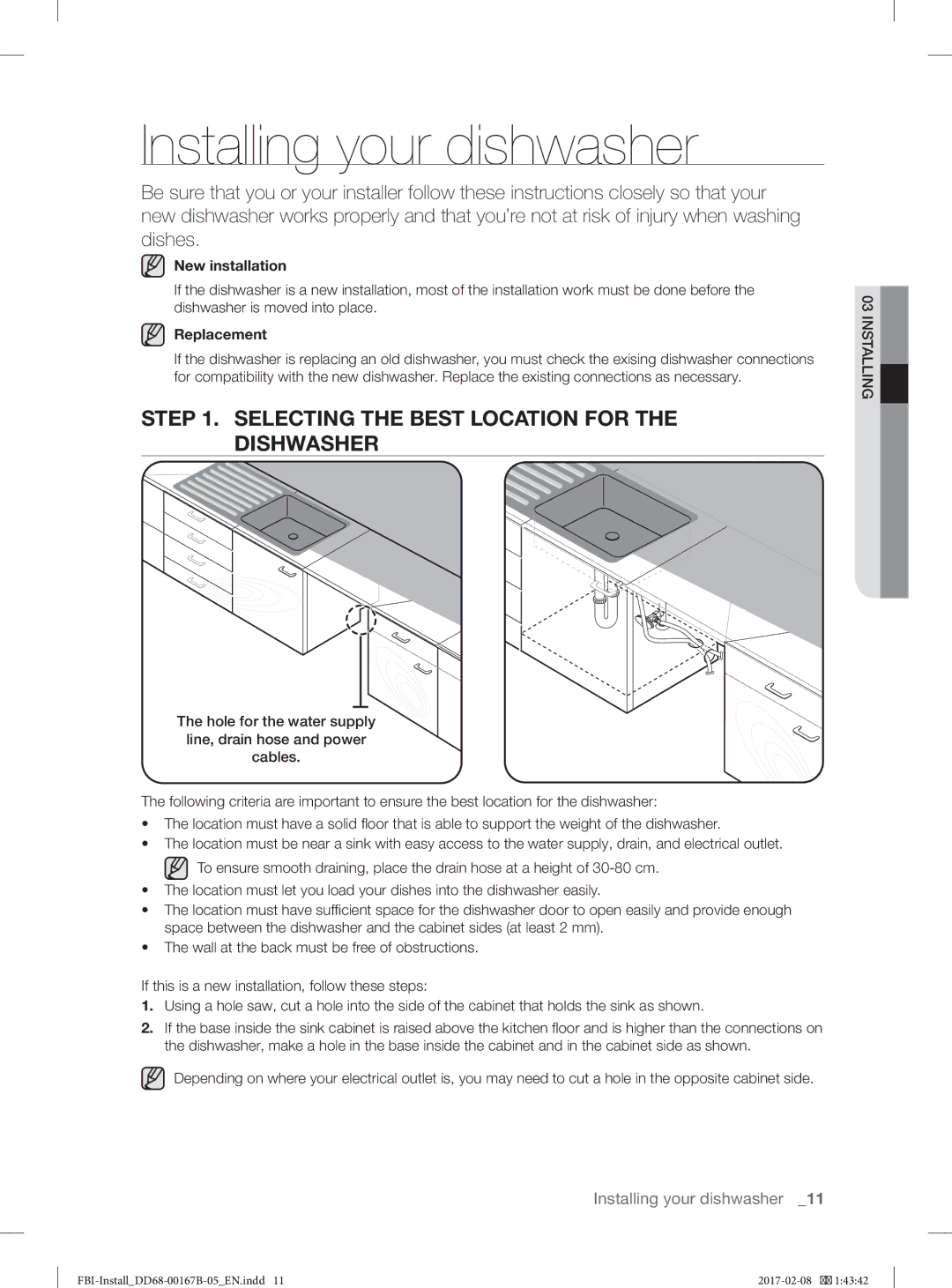 Samsung DW60J9970BB/EG manual Installing your dishwasher, Selecting the Best Location for the Dishwasher 