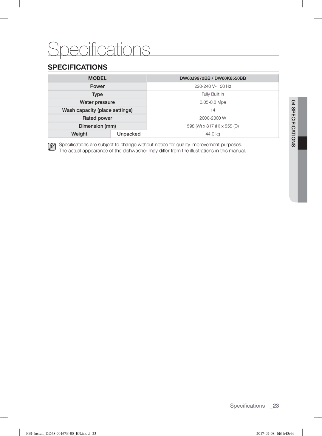 Samsung DW60J9970BB/EG manual Speciﬁ cations, Specifications 