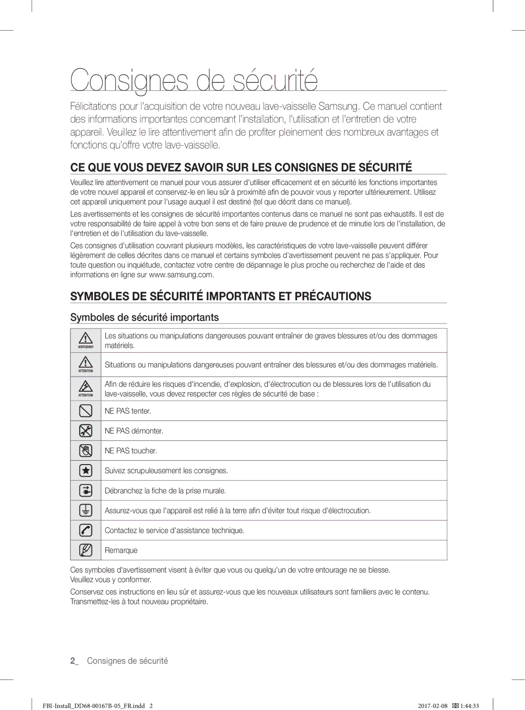 Samsung DW60J9970BB/EG manual Consignes de sécurité, CE QUE Vous Devez Savoir SUR LES Consignes DE Sécurité 