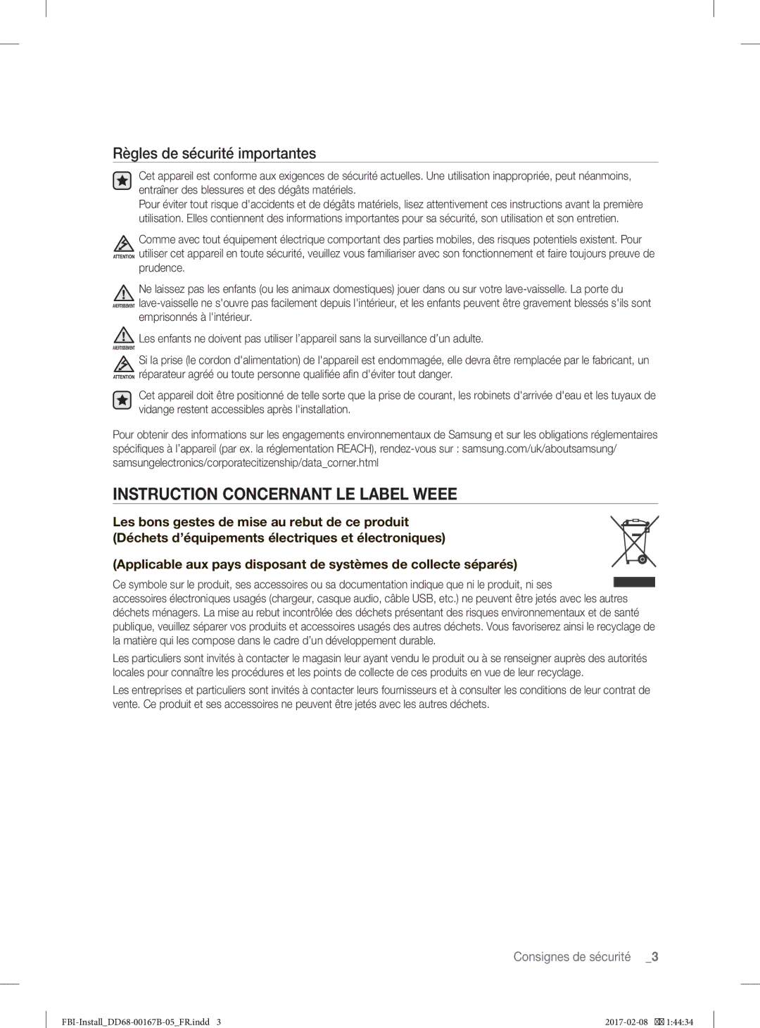 Samsung DW60J9970BB/EG manual Instruction Concernant LE Label Weee, Règles de sécurité importantes 