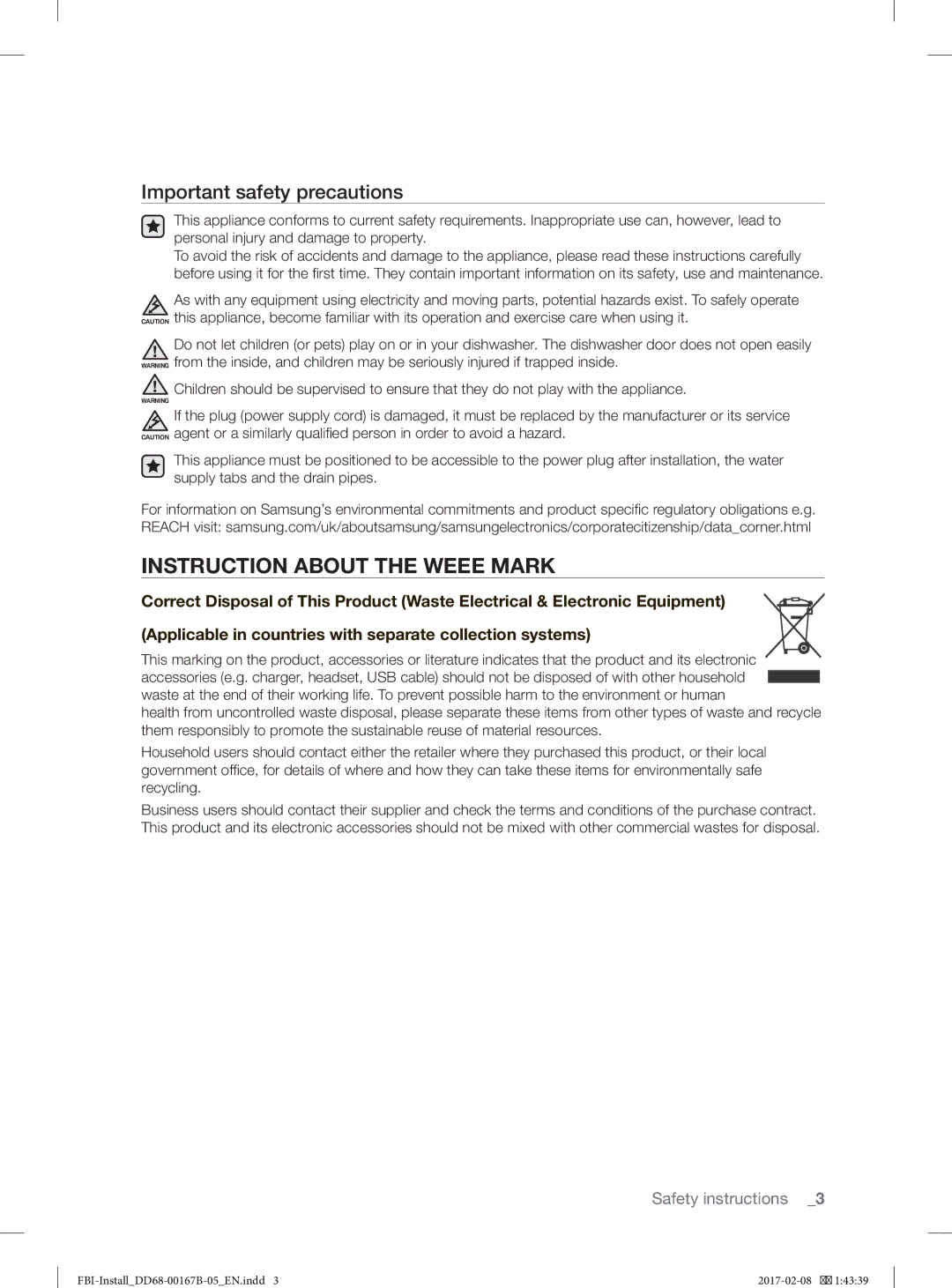 Samsung DW60J9970BB/EG manual Instruction about the Weee Mark, Important safety precautions 