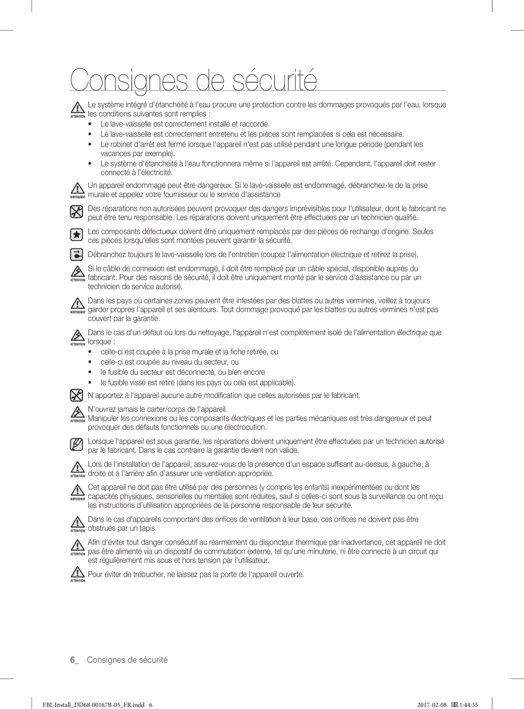 Samsung DW60J9970BB/EG manual Consignes de sécurité 