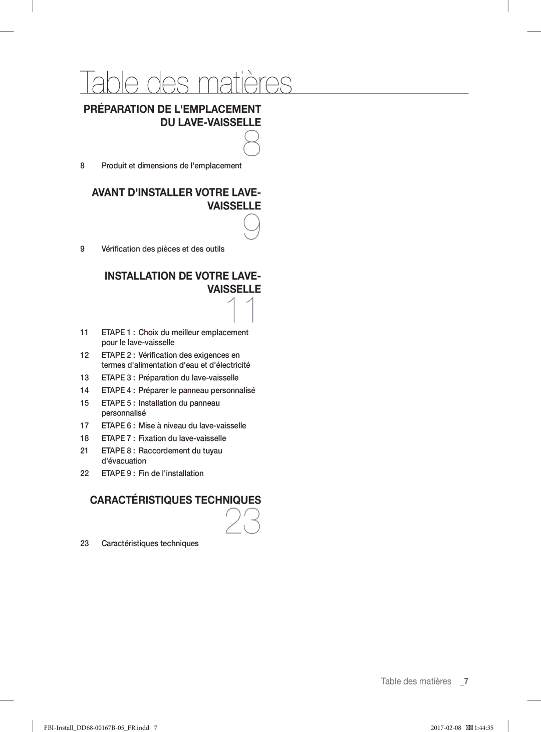 Samsung DW60J9970BB/EG manual Table des matières, Installation DE Votre Lave Vaisselle 