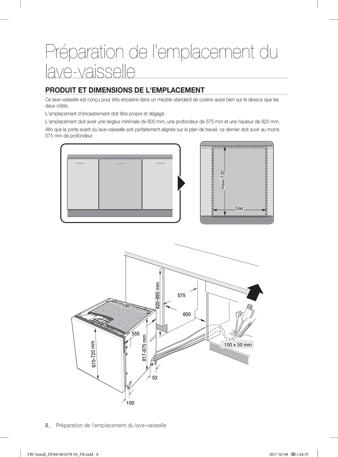 Samsung DW60J9970BB/EG manual Préparation de lemplacement du lave-vaisselle, Produit ET Dimensions DE Lemplacement 