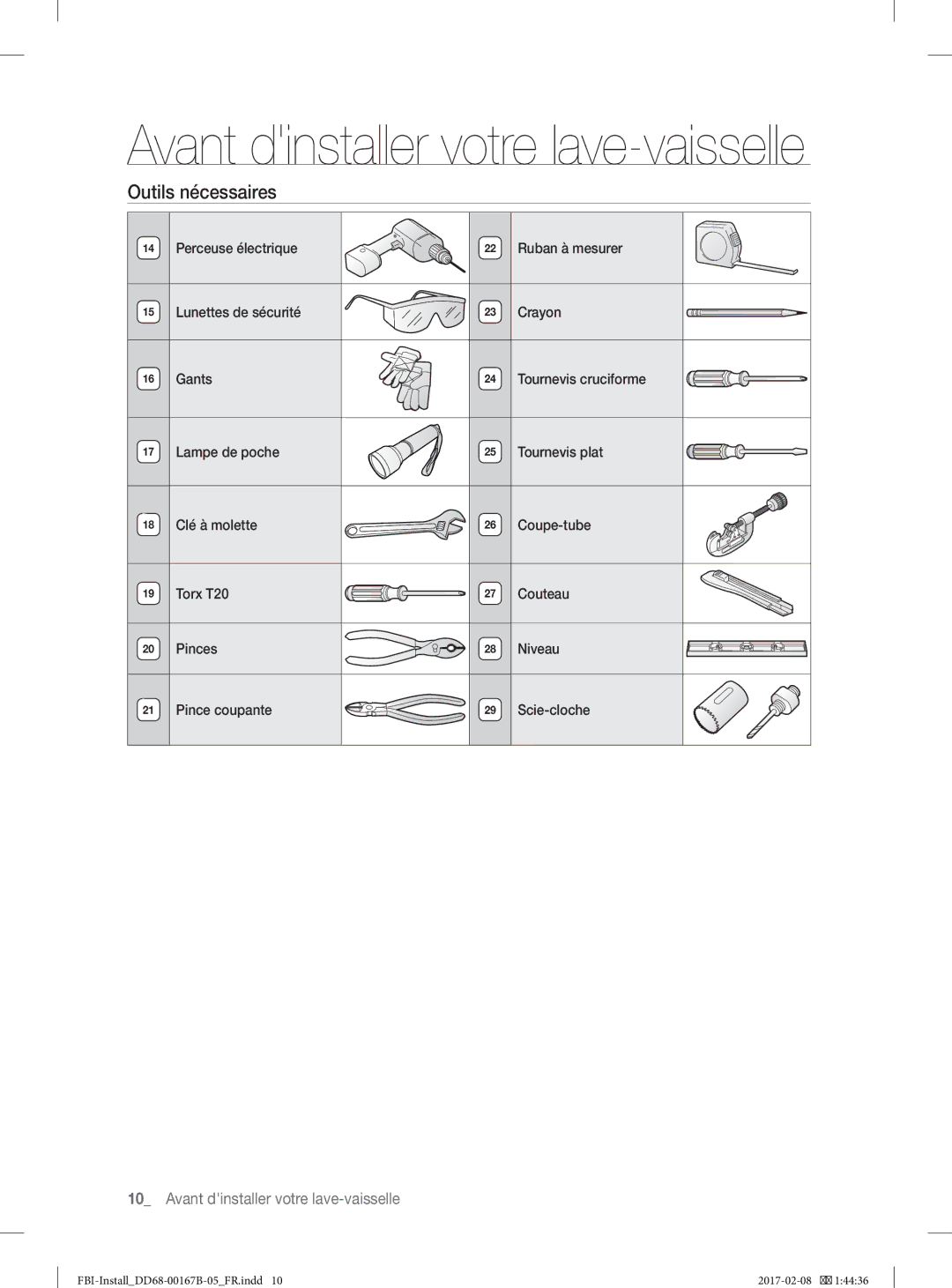 Samsung DW60J9970BB/EG manual Avant dinstaller votre lave-vaisselle, Outils nécessaires 