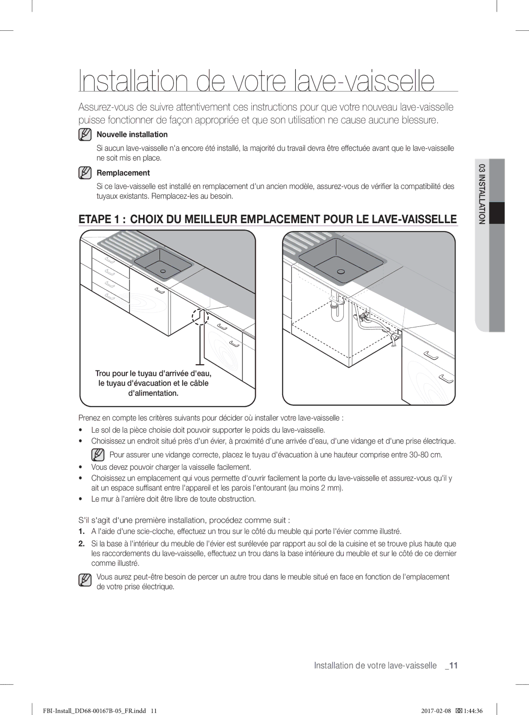 Samsung DW60J9970BB/EG manual Installation de votre lave-vaisselle 