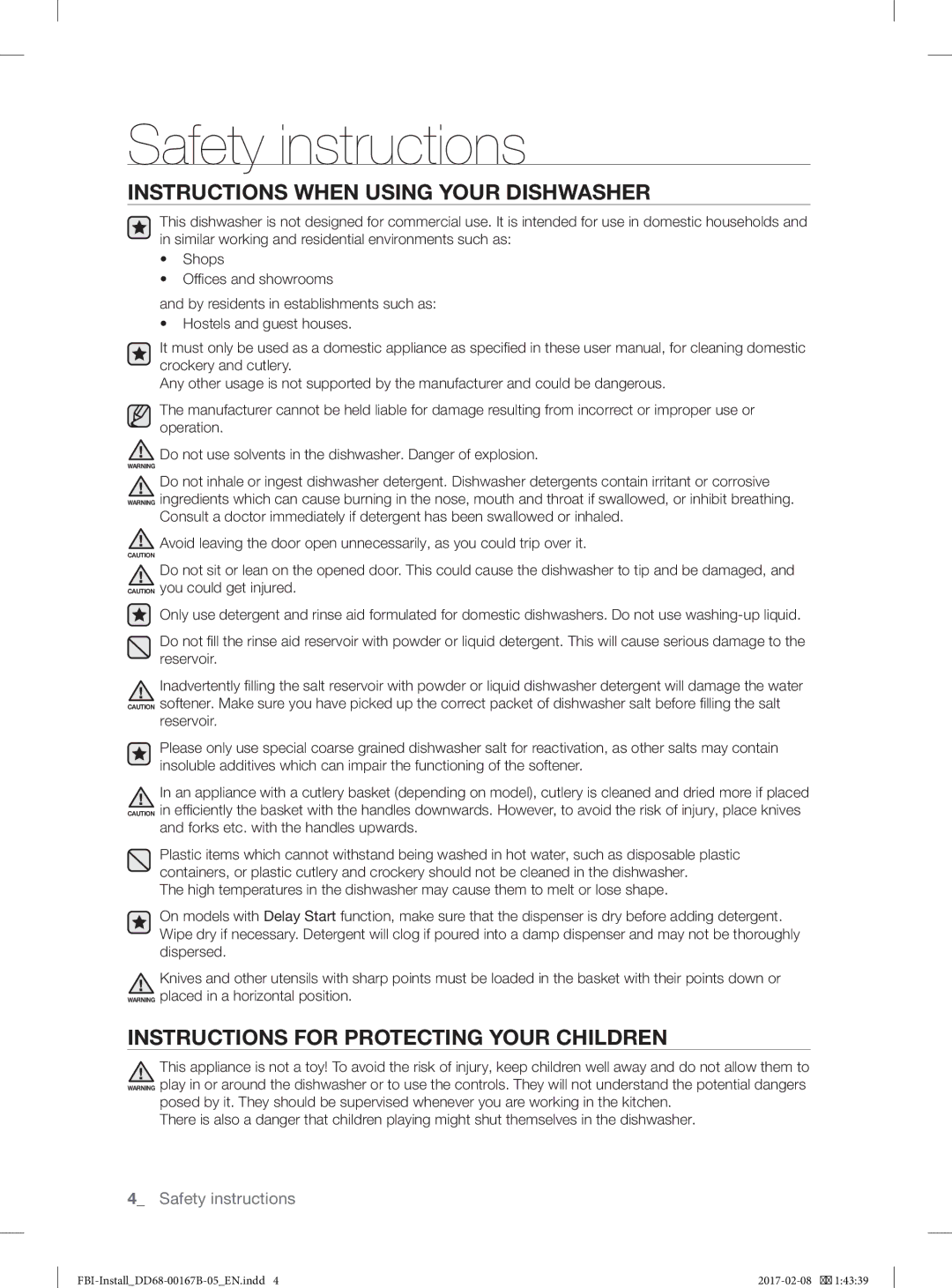 Samsung DW60J9970BB/EG manual Instructions When Using Your Dishwasher, Instructions for Protecting Your Children 