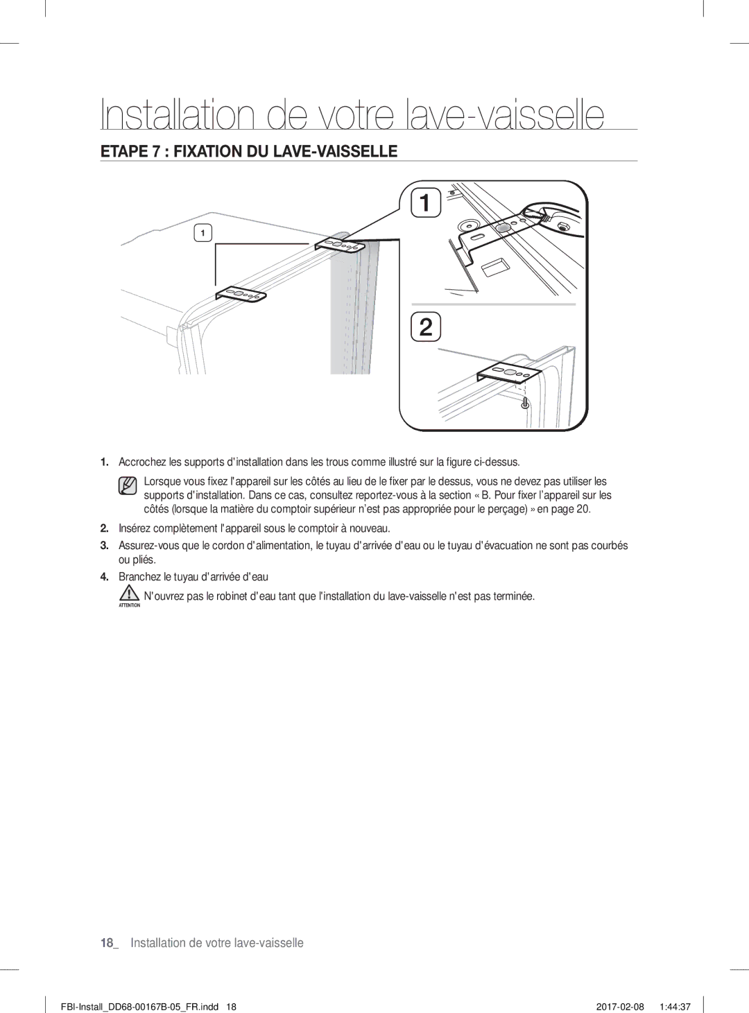 Samsung DW60J9970BB/EG manual Etape 7 Fixation DU LAVE-VAISSELLE 