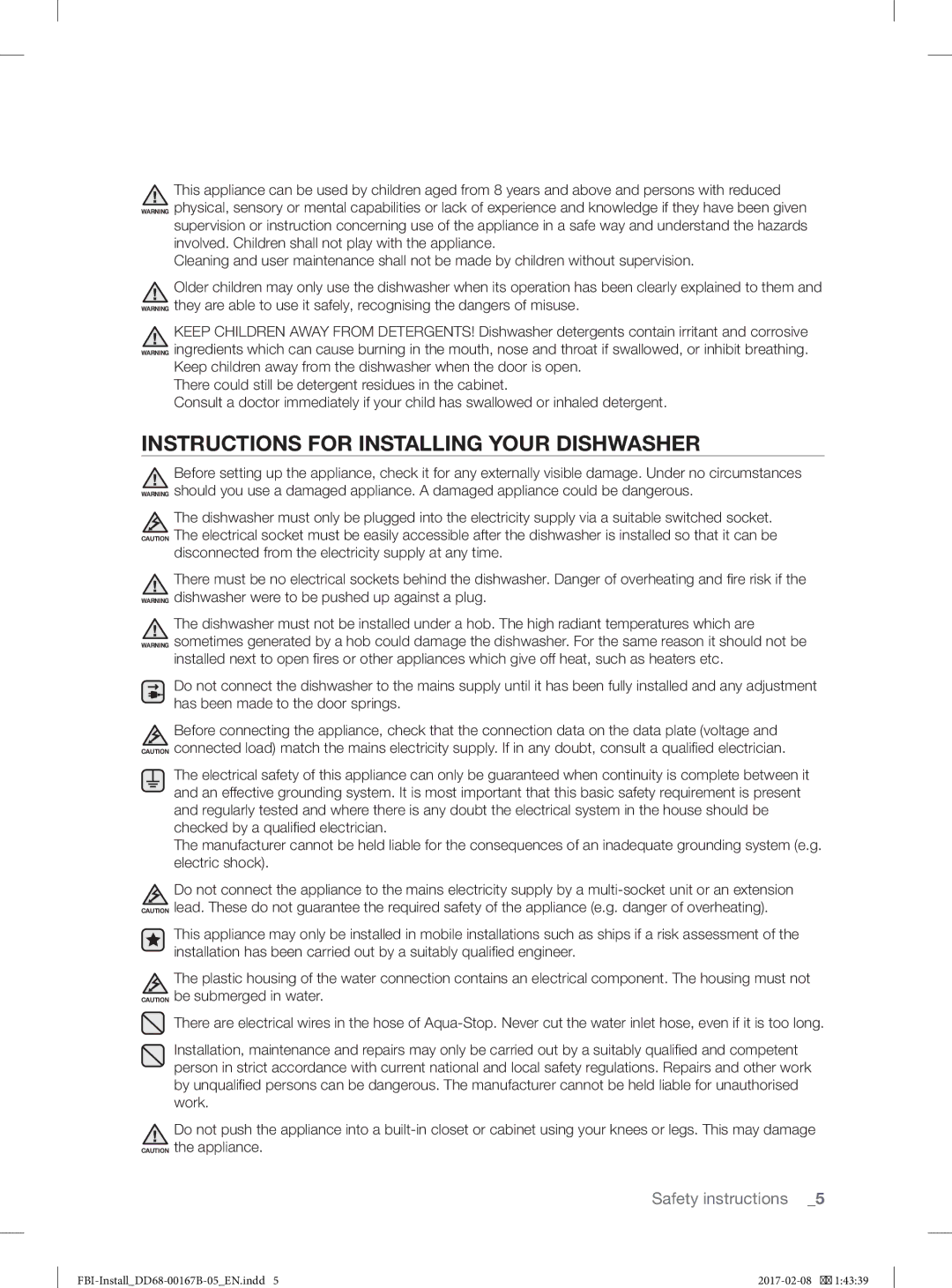 Samsung DW60J9970BB/EG manual Instructions for Installing Your Dishwasher 