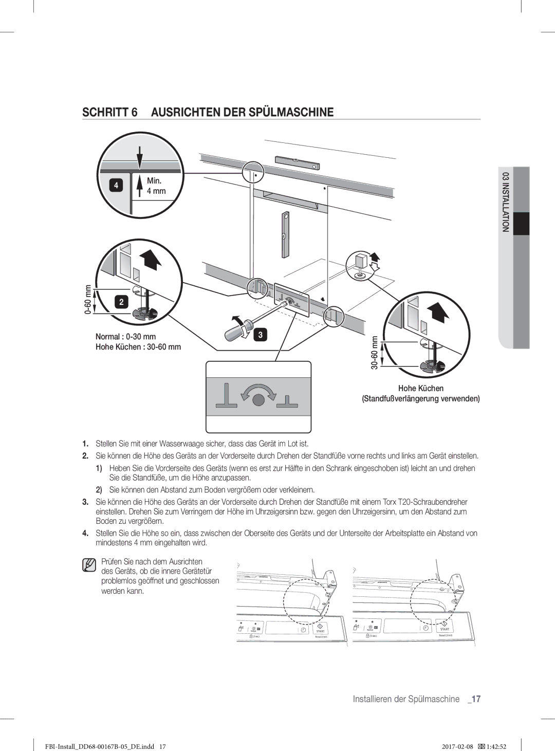 Samsung DW60J9970BB/EG manual Schritt 6 Ausrichten DER Spülmaschine 