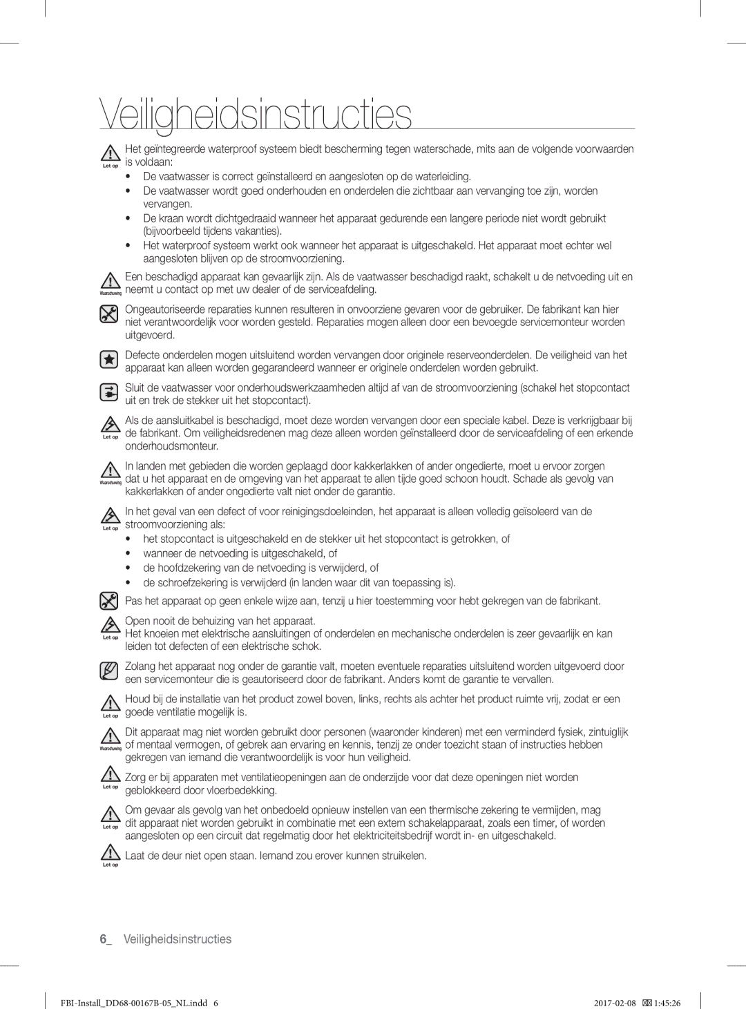 Samsung DW60J9970BB/EG manual Veiligheidsinstructies 