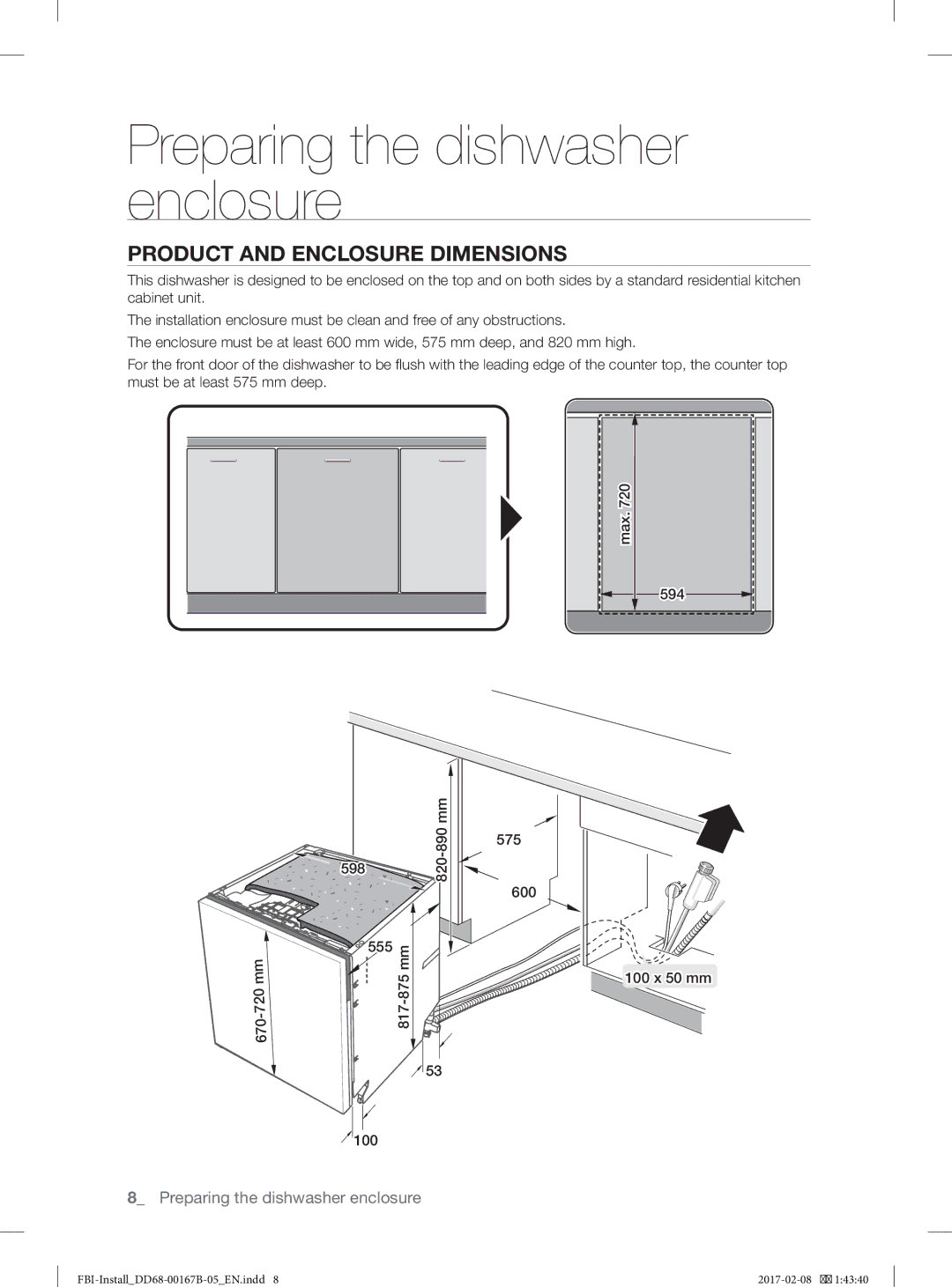 Samsung DW60J9970BB/EG manual Preparing the dishwasher enclosure, Product and Enclosure Dimensions 