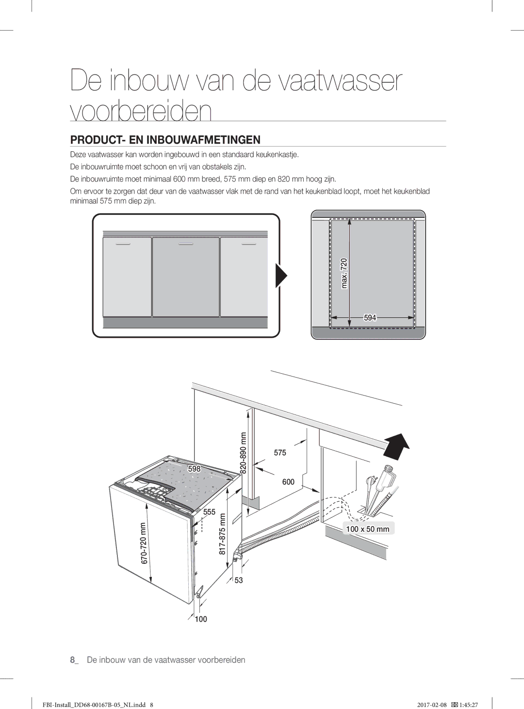 Samsung DW60J9970BB/EG manual De inbouw van de vaatwasser voorbereiden, PRODUCT- EN Inbouwafmetingen 