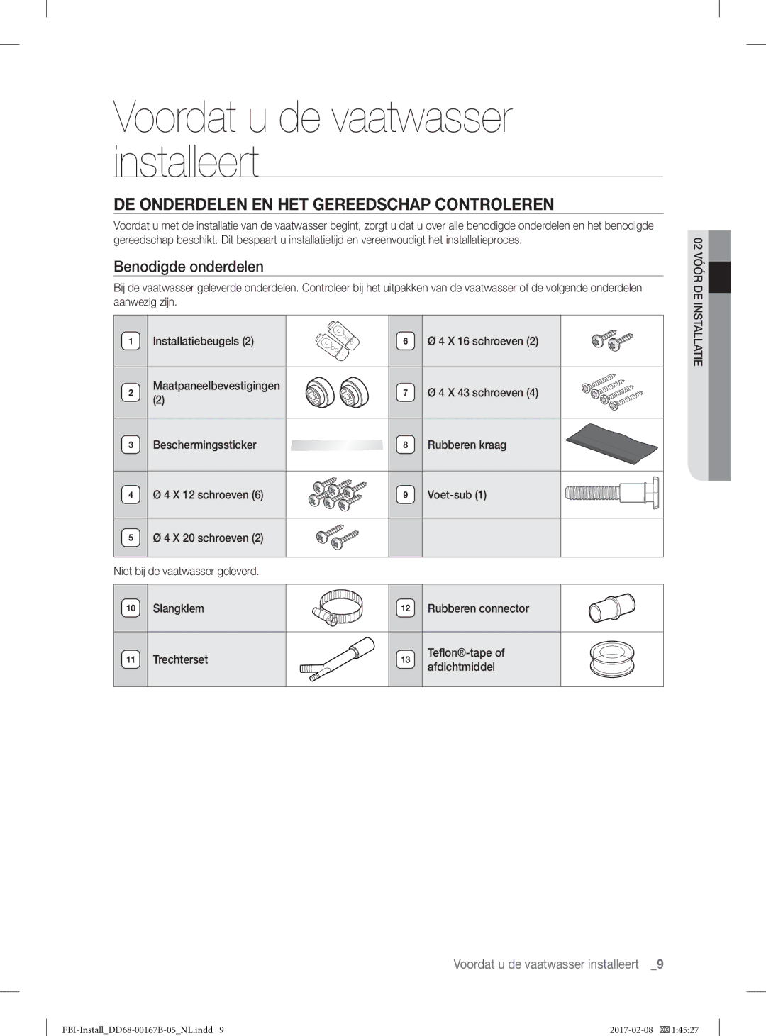 Samsung DW60J9970BB/EG manual DE Onderdelen EN HET Gereedschap Controleren, Benodigde onderdelen 