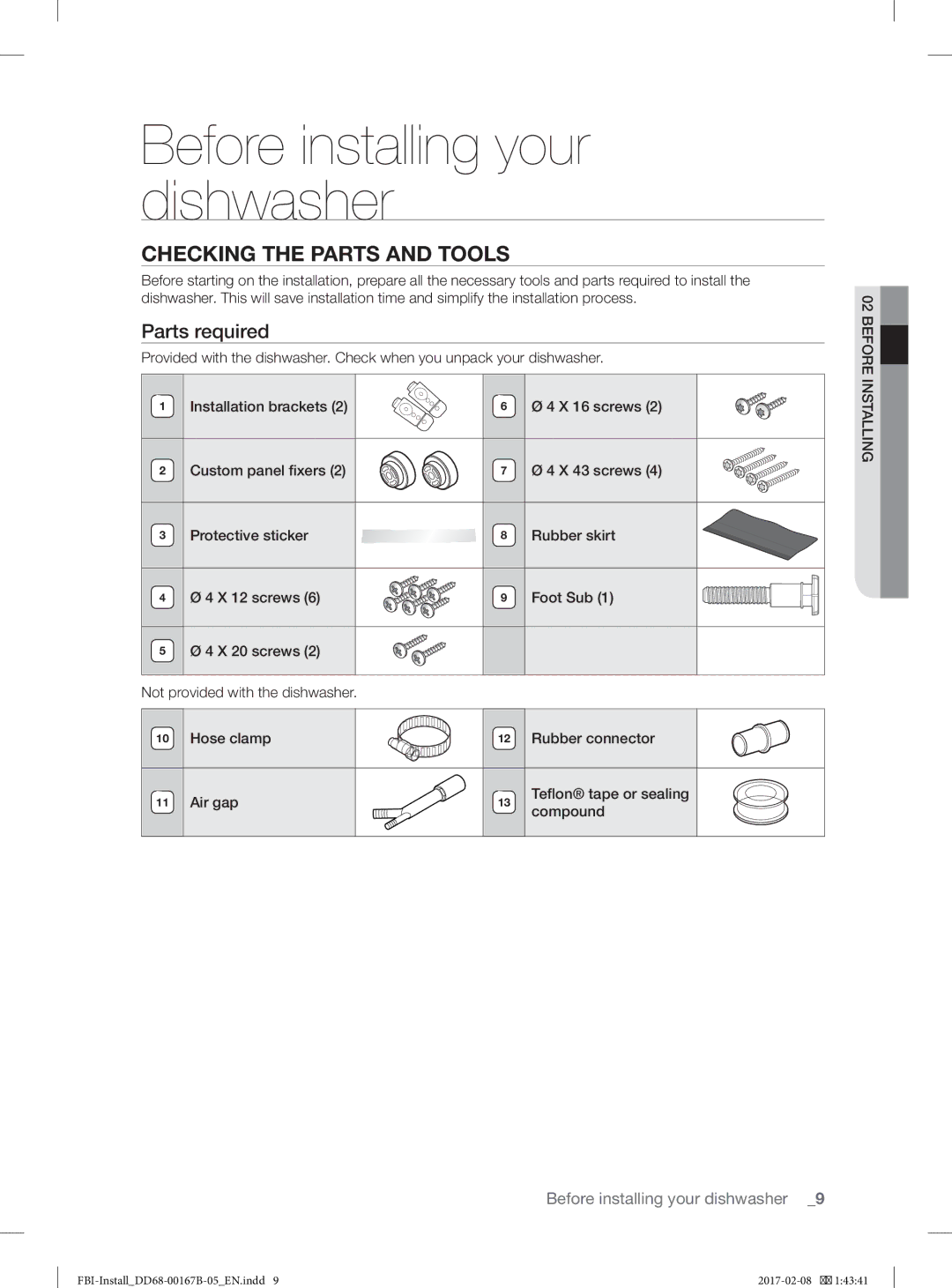 Samsung DW60J9970BB/EG manual Before installing your dishwasher, Checking the Parts and Tools, Parts required 