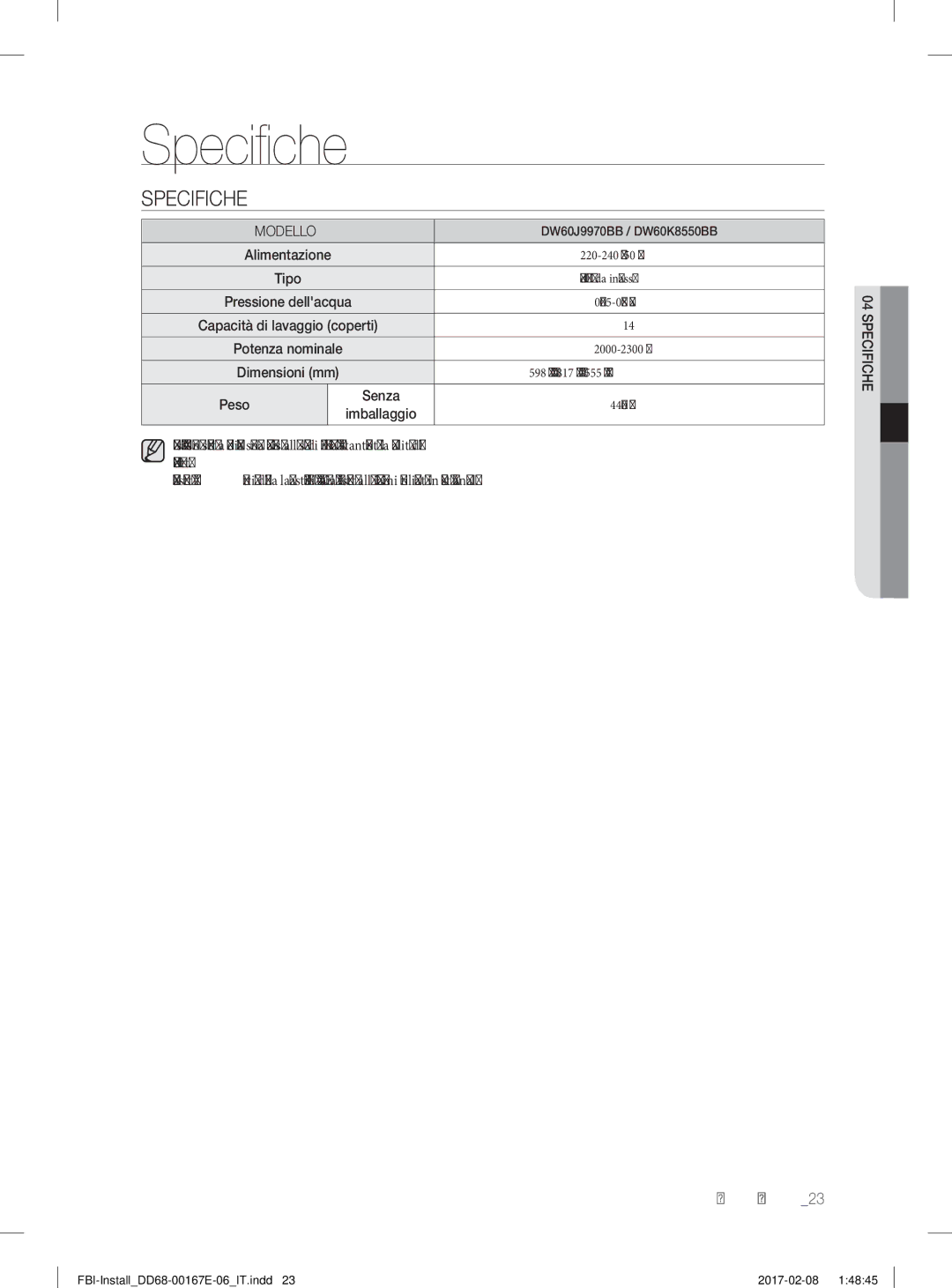 Samsung DW60K8550BB/ET, DW60J9970BB/ET, DW60J9960US/ET manual Speciﬁ che, Specifiche, Peso 