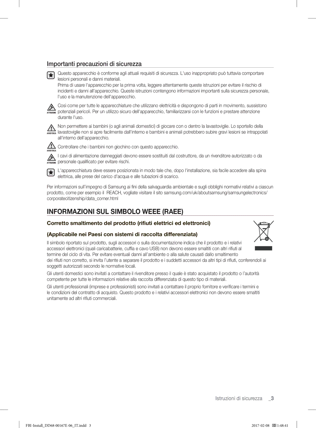 Samsung DW60J9970BB/ET, DW60J9960US/ET manual Informazioni SUL Simbolo Weee Raee, Importanti precauzioni di sicurezza 