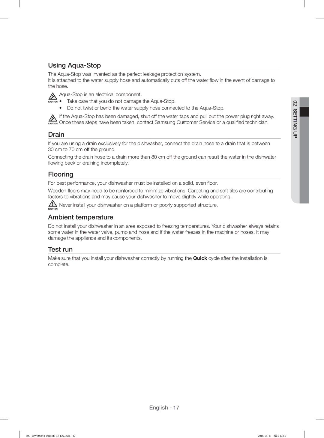 Samsung DW60J9970BB/EU manual Using Aqua-Stop, Drain, Flooring, Ambient temperature, Test run 