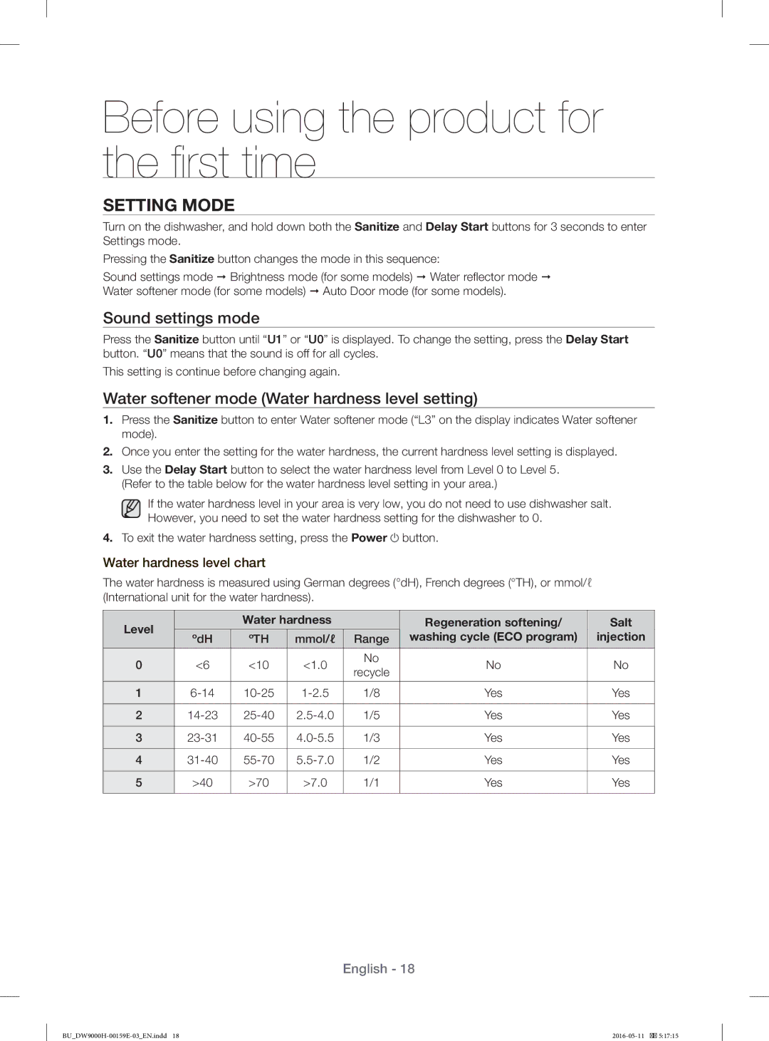 Samsung DW60J9970BB/EU manual Before using the product for the ﬁ rst time, Setting Mode, Sound settings mode 