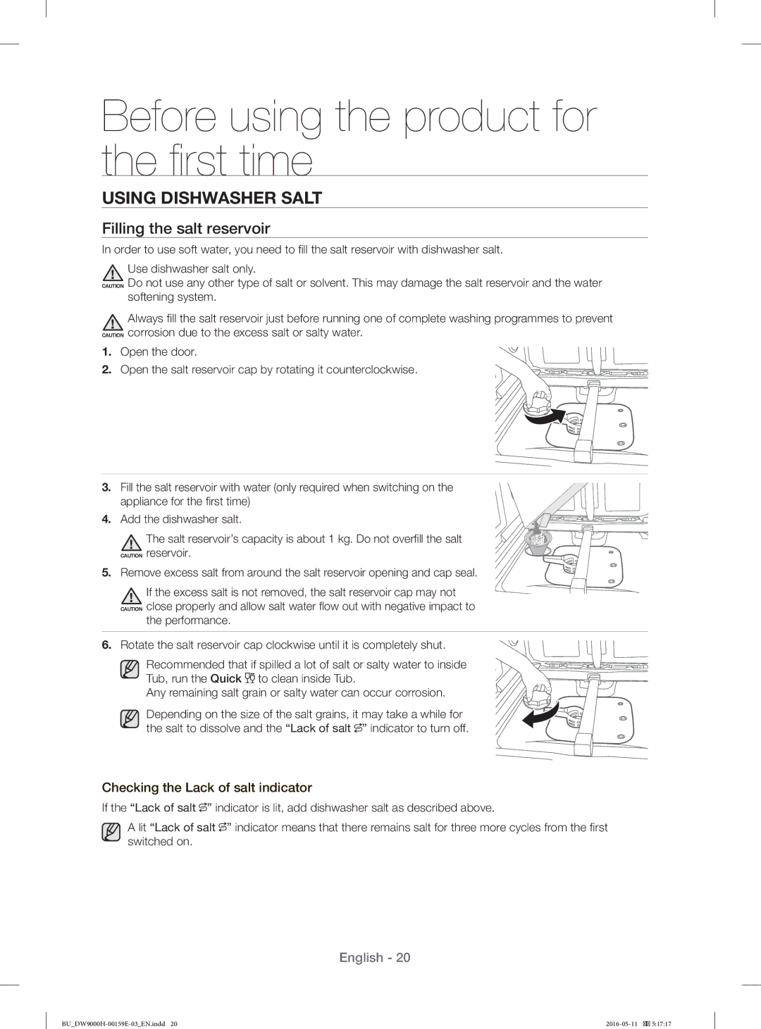 Samsung DW60J9970BB/EU manual Using Dishwasher Salt, Filling the salt reservoir 