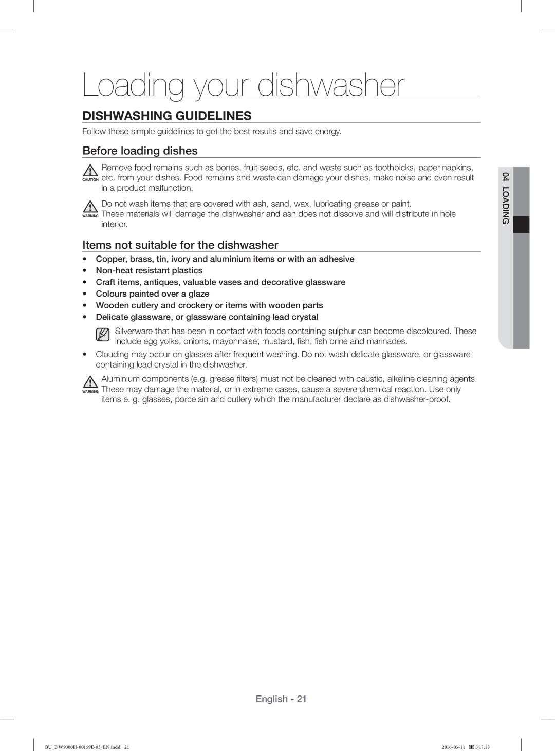 Samsung DW60J9970BB/EU manual Loading your dishwasher, Dishwashing Guidelines, Before loading dishes 