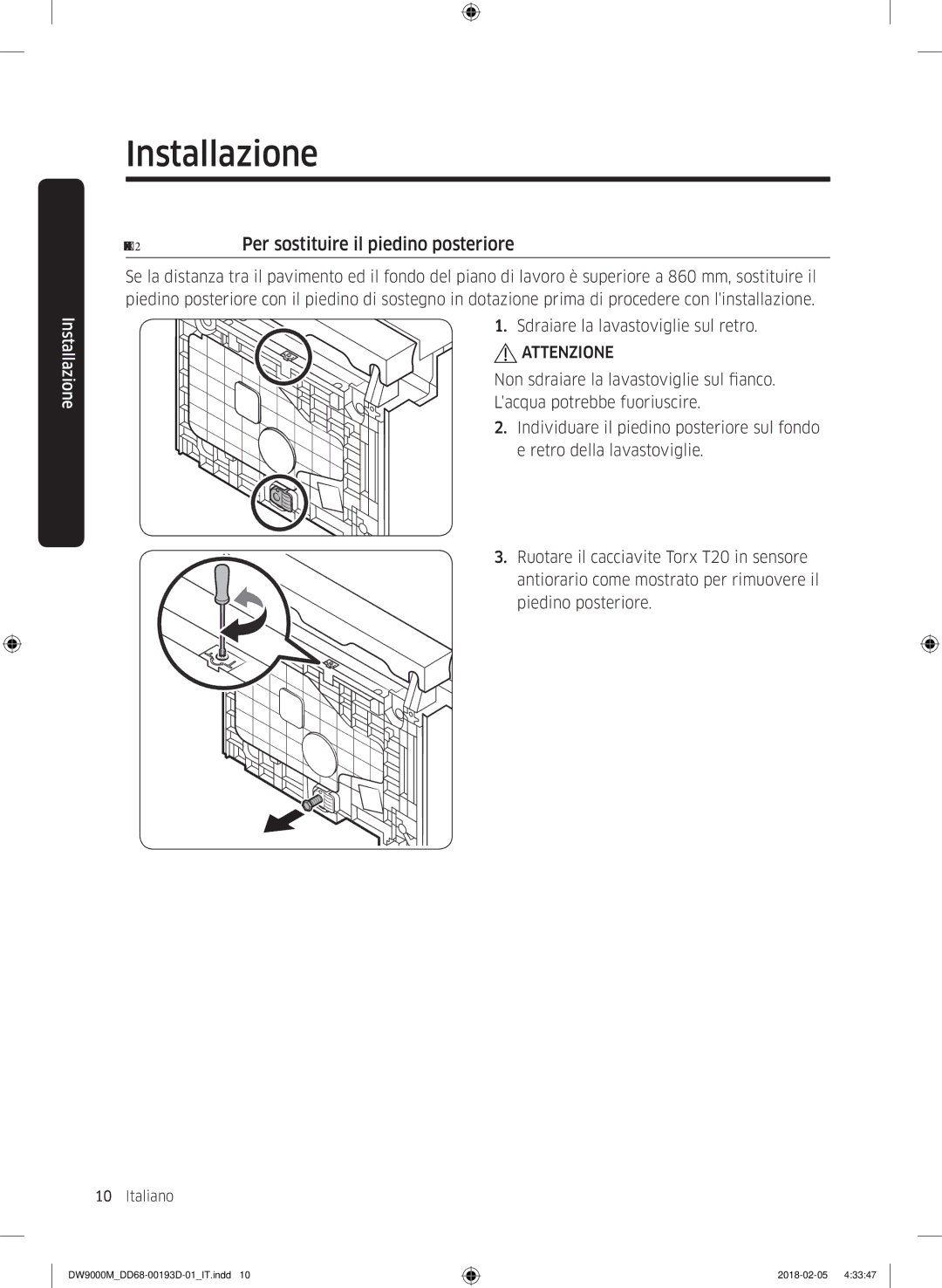 Samsung DW60M9970US/ET, DW60M9530BB/ET, DW60M9550BB/ET manual Passaggio 2 Per sostituire il piedino posteriore 