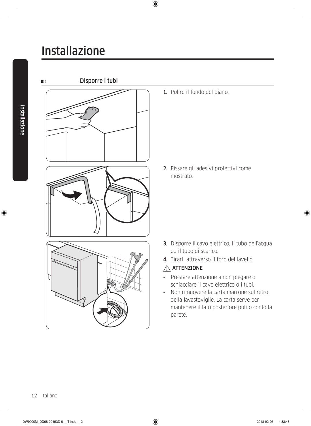 Samsung DW60M9530BB/ET, DW60M9970US/ET, DW60M9550BB/ET manual Installazione 