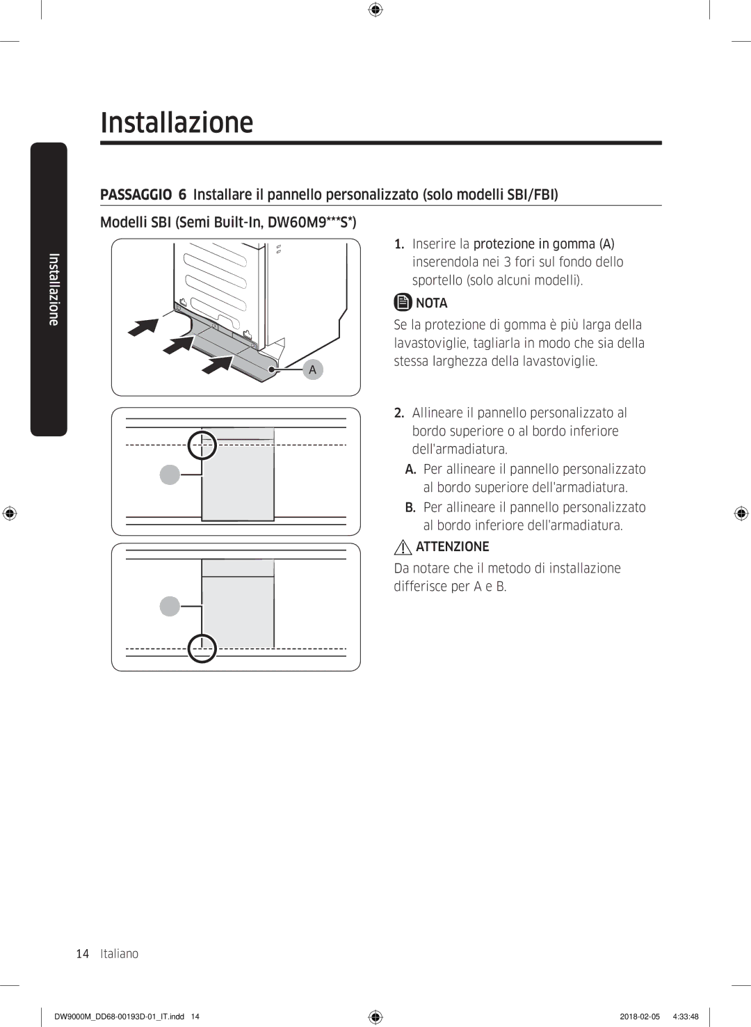 Samsung DW60M9550BB/ET, DW60M9530BB/ET, DW60M9970US/ET manual Modelli SBI Semi Built-In, DW60M9***S 