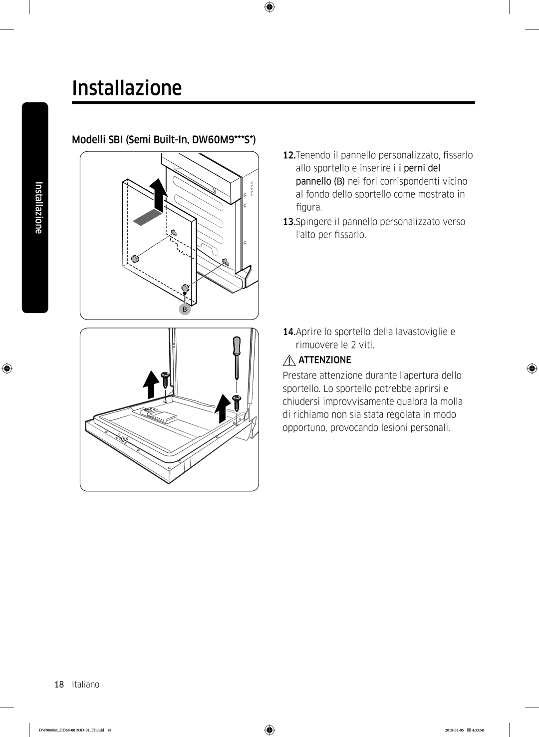 Samsung DW60M9530BB/ET, DW60M9970US/ET, DW60M9550BB/ET manual Installazione 