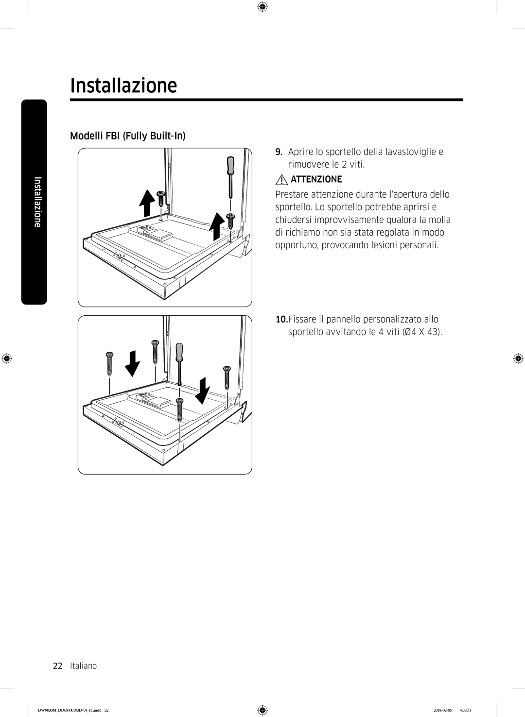 Samsung DW60M9970US/ET, DW60M9530BB/ET, DW60M9550BB/ET manual Installazione 