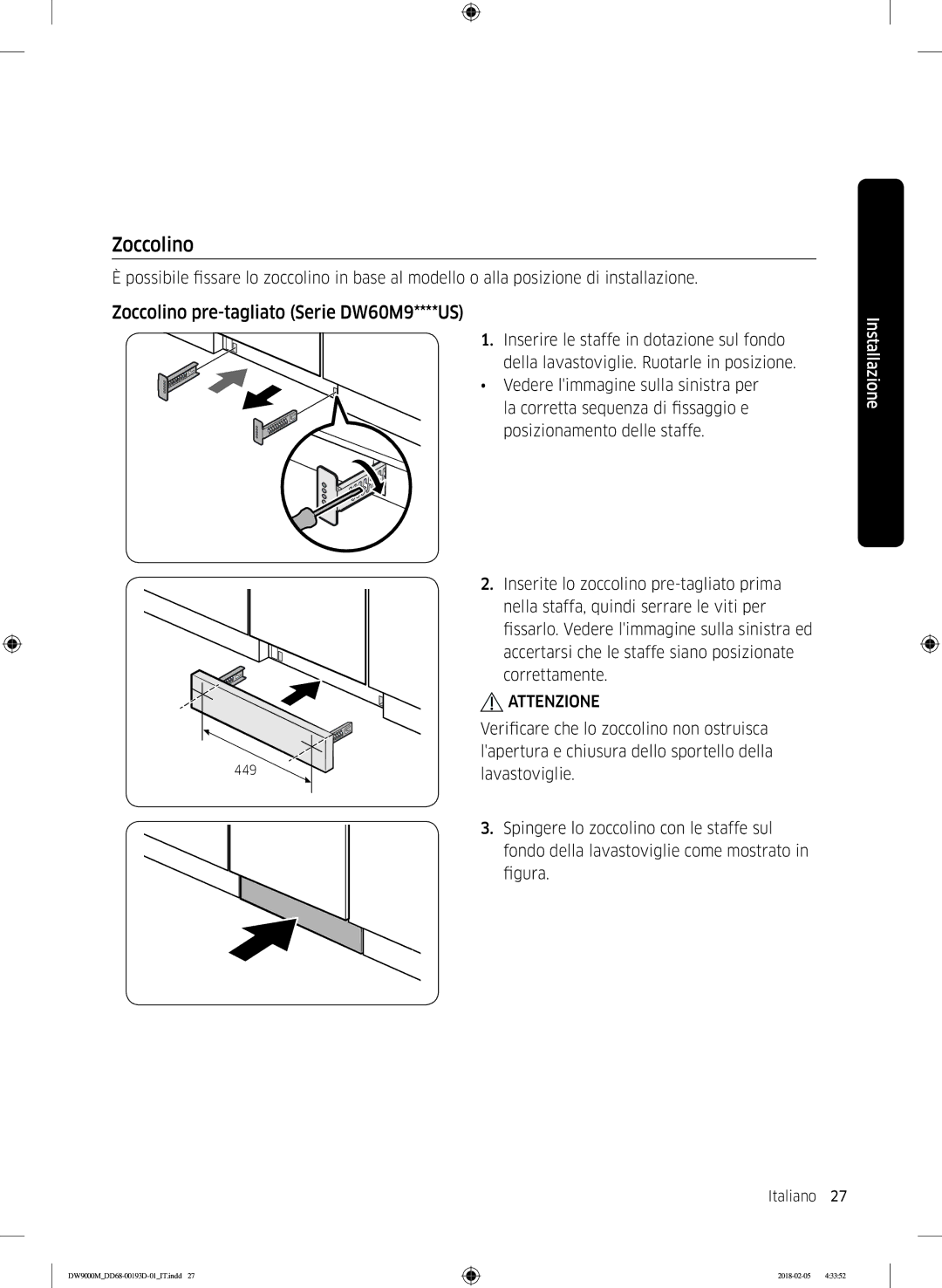 Samsung DW60M9530BB/ET, DW60M9970US/ET, DW60M9550BB/ET manual Zoccolino pre-tagliato Serie DW60M9****US 