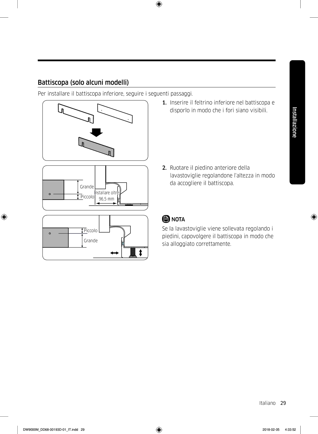 Samsung DW60M9550BB/ET, DW60M9530BB/ET, DW60M9970US/ET manual Battiscopa solo alcuni modelli 