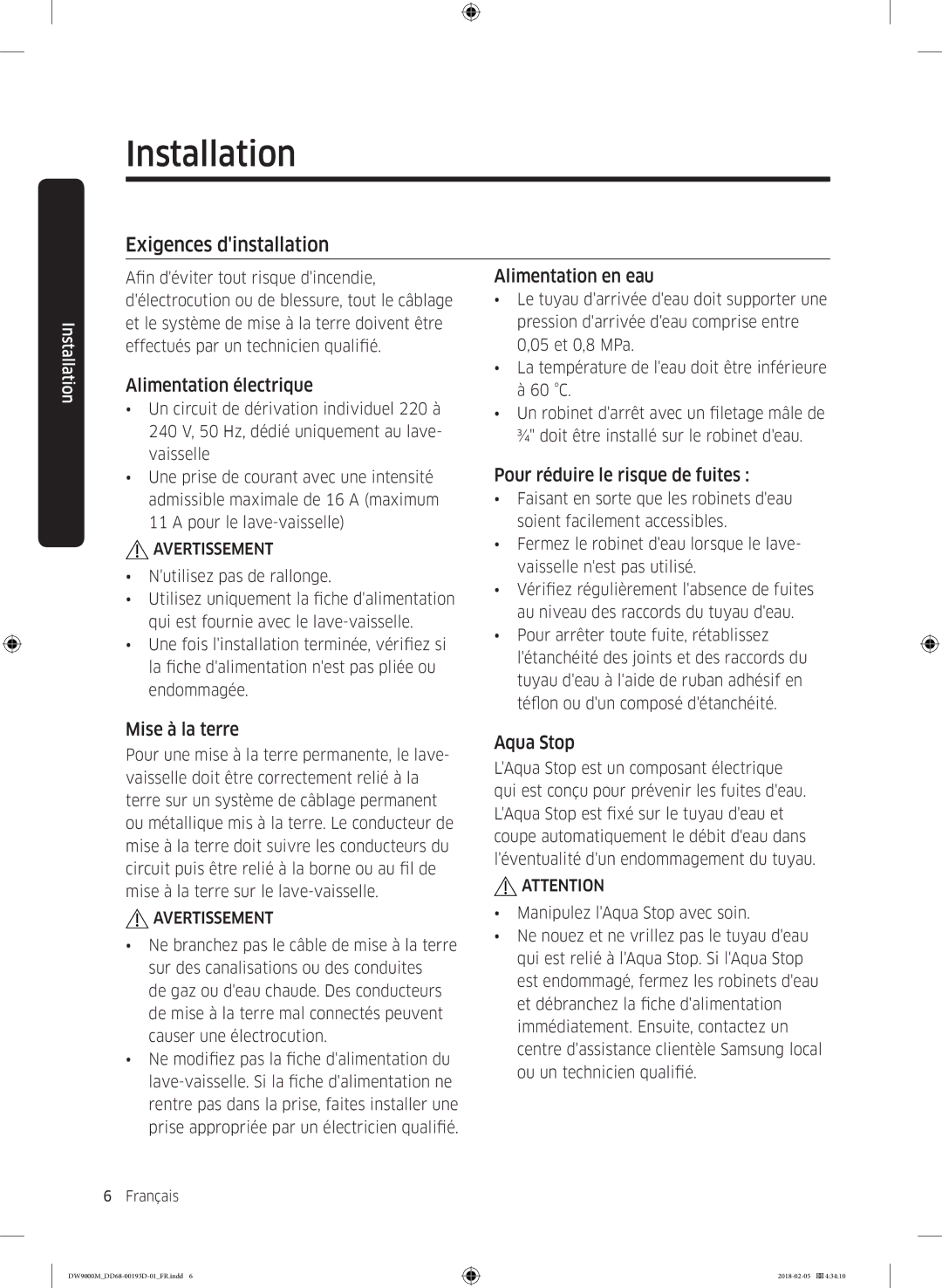 Samsung DW60M9550BB/ET manual Exigences dinstallation, Alimentation électrique, Alimentation en eau, Mise à la terre 