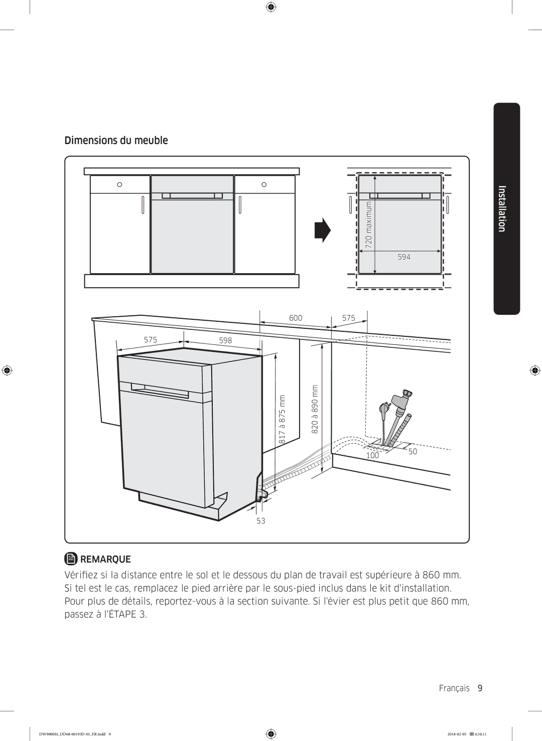 Samsung DW60M9550BB/ET, DW60M9530BB/ET, DW60M9970US/ET manual Dimensions du meuble 